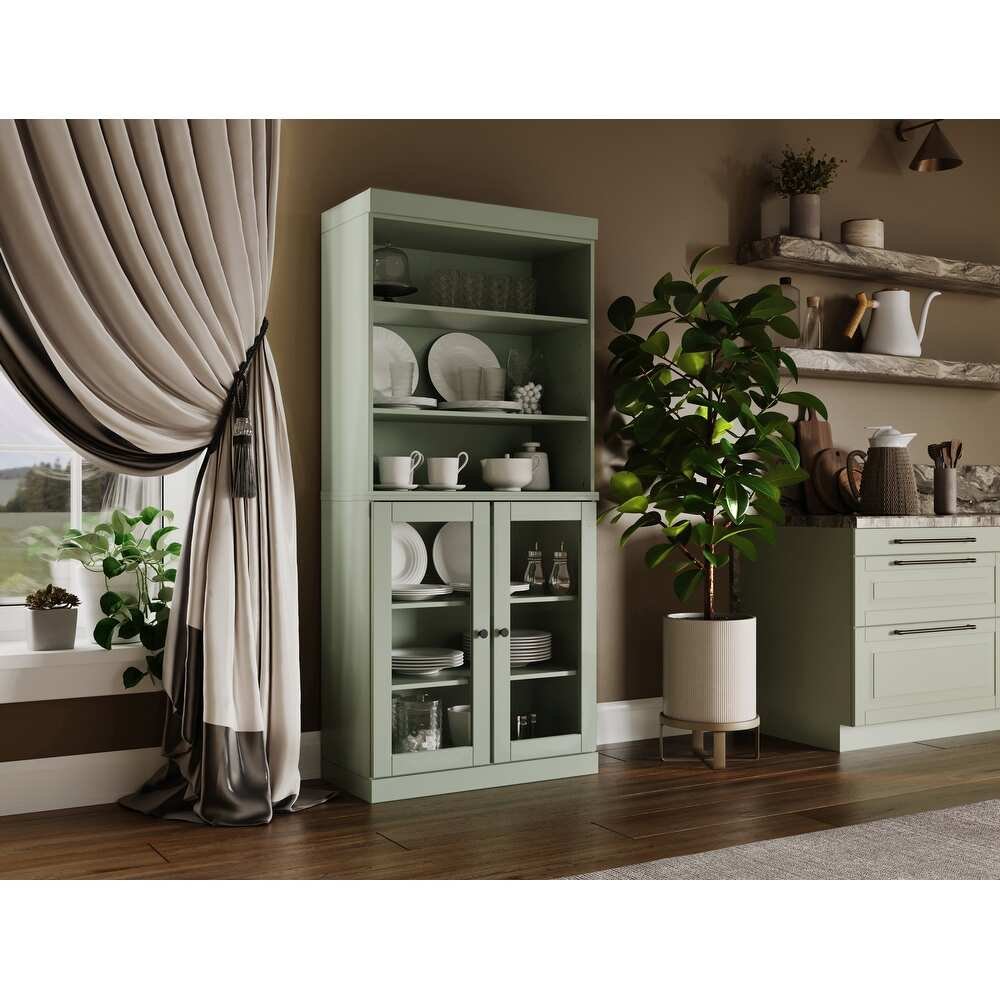 Solid Wood Tall Pantry Cabinet, 32" W x 71.5" H - Sage - Clear Glass