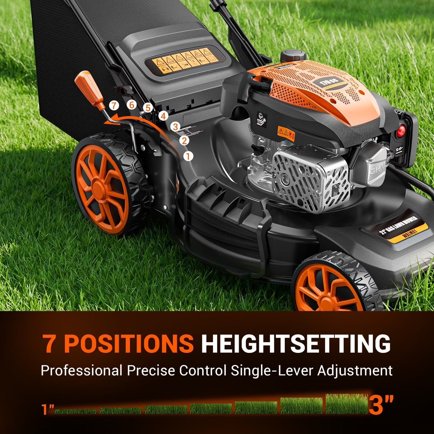 21" 170cc Gas Self-Propelled Lawn Mower, 3-in-1 with 7-Height Adjustment