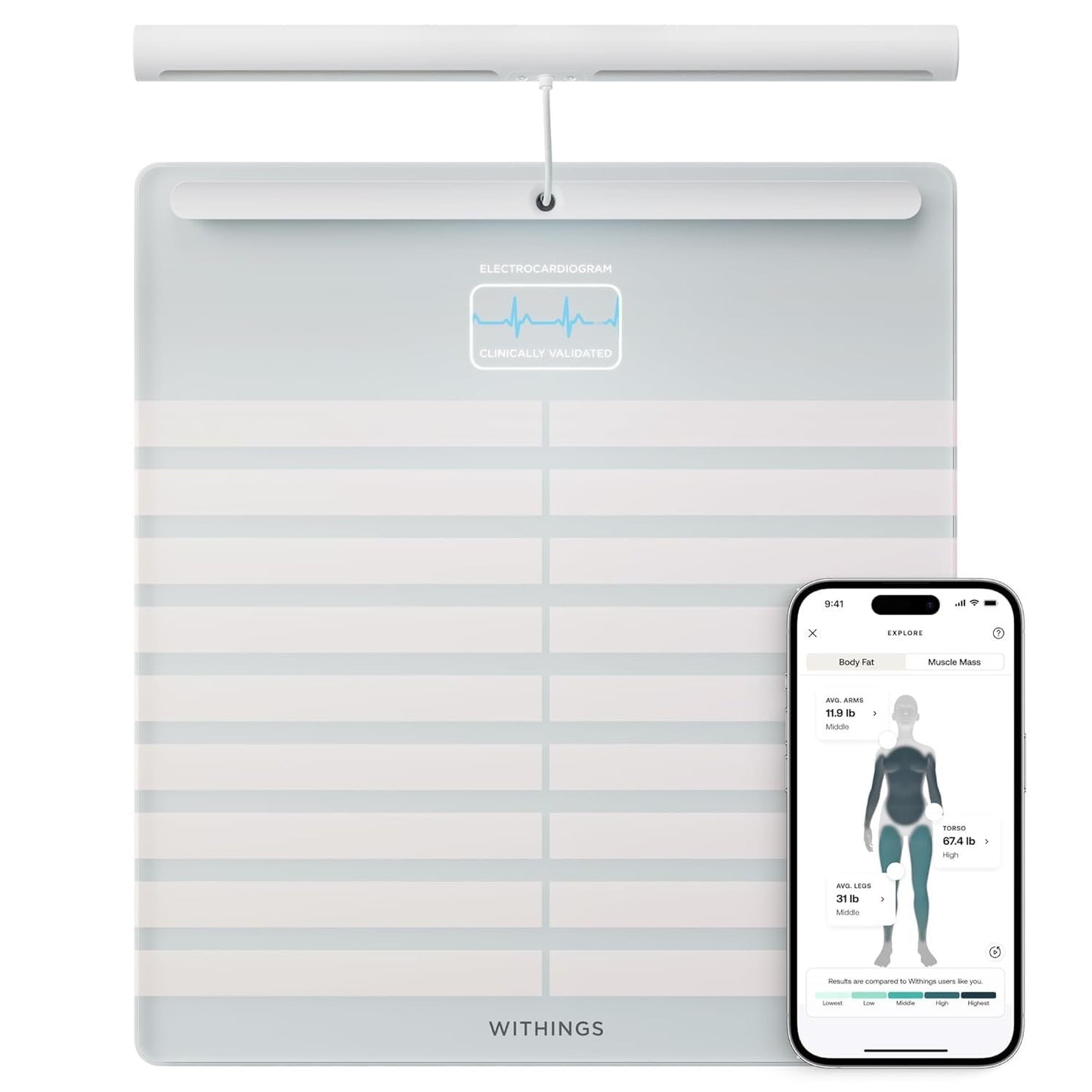 WITHINGS Body Scan - Smart Scale with Segmental Body Composition Analysis, Weighing Scales Body Weight & Vascular Age, Visceral Fat, Heart Rate, iOS/Android, Black