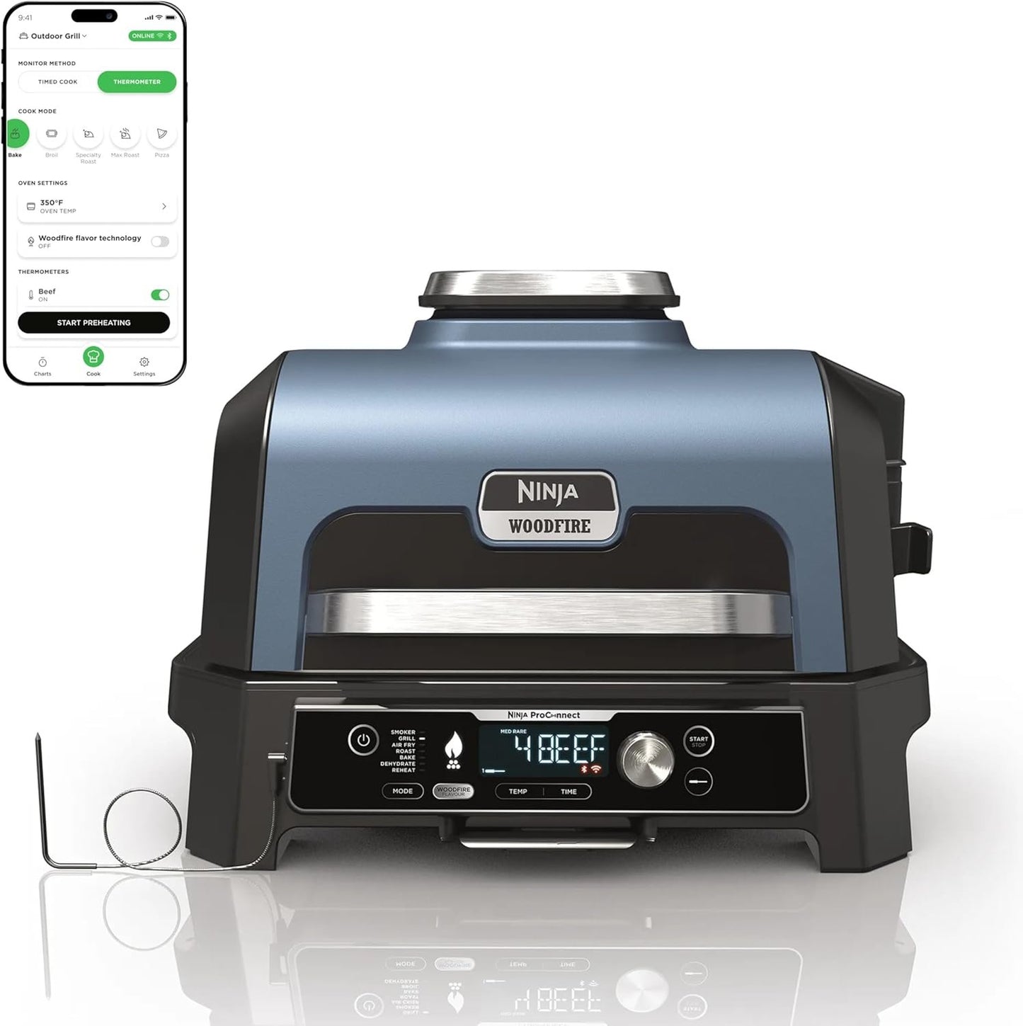 Ninja Woodfire Pro Connect XL Outdoor Grill & Smoker | Bluetooth, App Enabled | 7-in-1 Grill, BBQ Smoker, Outdoor Air Fryer | Woodfire Technology | Built-In Thermometer | Green & Gold | OG951GN2