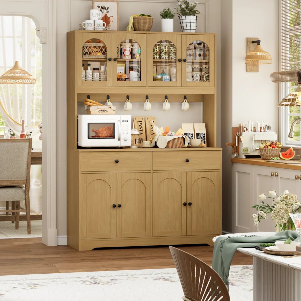 71" LED Kitchen Pantry Cabinet with Power Outlet, Large Kitchen Hutch Storage Cabinet