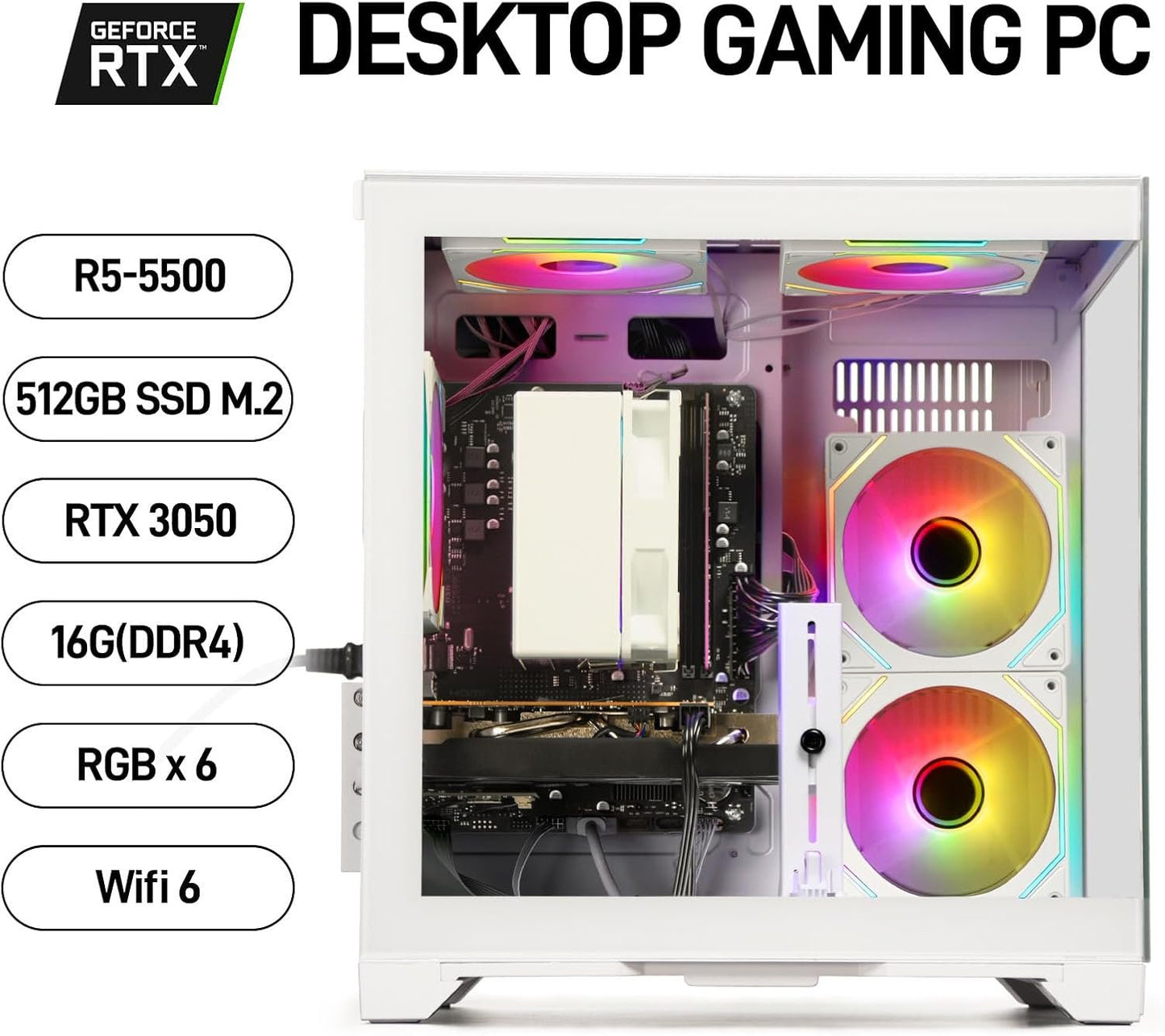 LXZ Gaming PC Desktop - Ryzen 5 5500 | GeForce RTX 3050 6GB | 16GB DDR4 | 512GB NVME SSD | DP/HDMI/DVI, Prebuilt Tower Computer for Gaming, Home and Office (White)