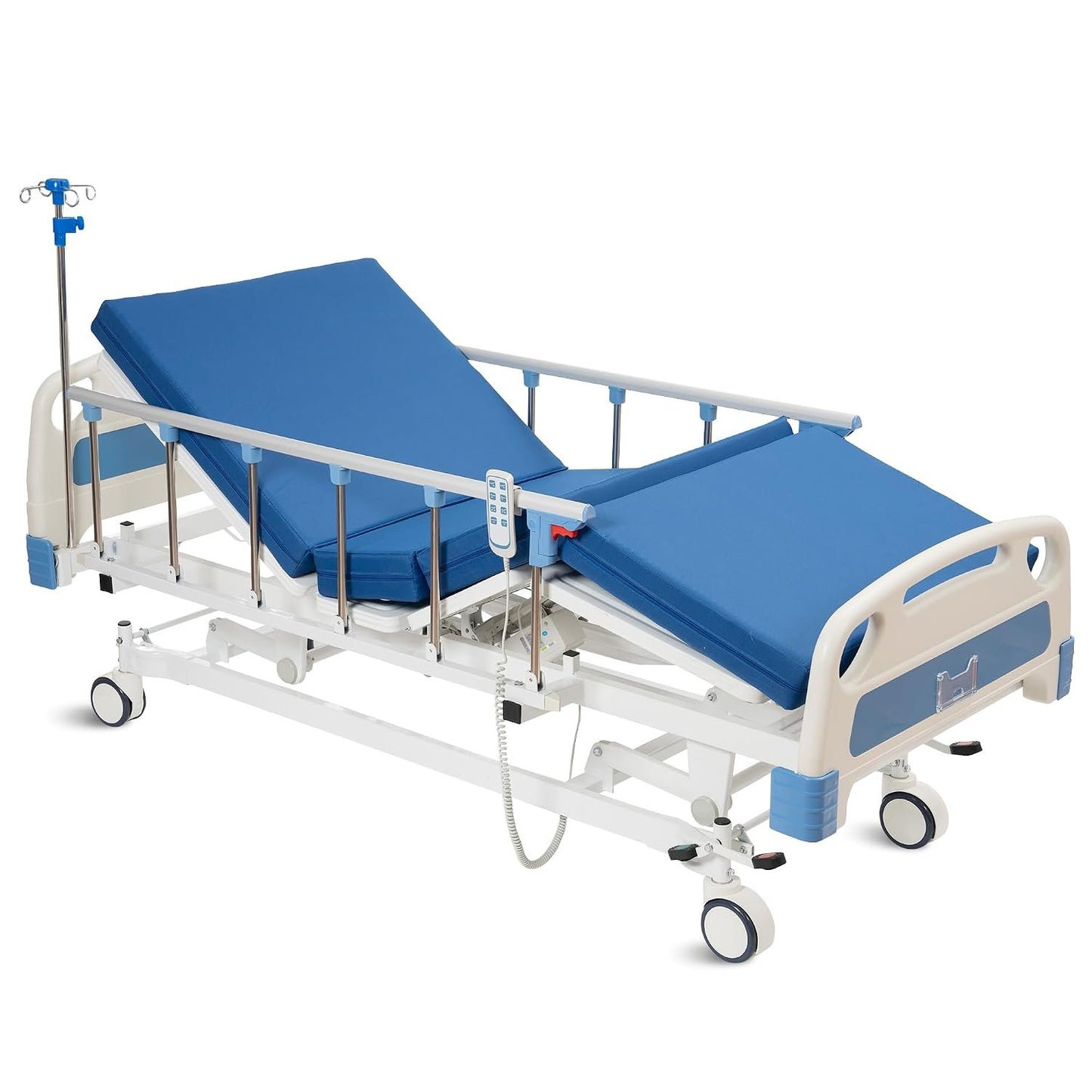 Real Relax Premium 3 Function Full Electric Hospital Bed (with Mattress & IV Pole), Premium Medical Hospital Beds, with Locking Casters, Motor, 530LBS Loading, Includes Sheets (2X)