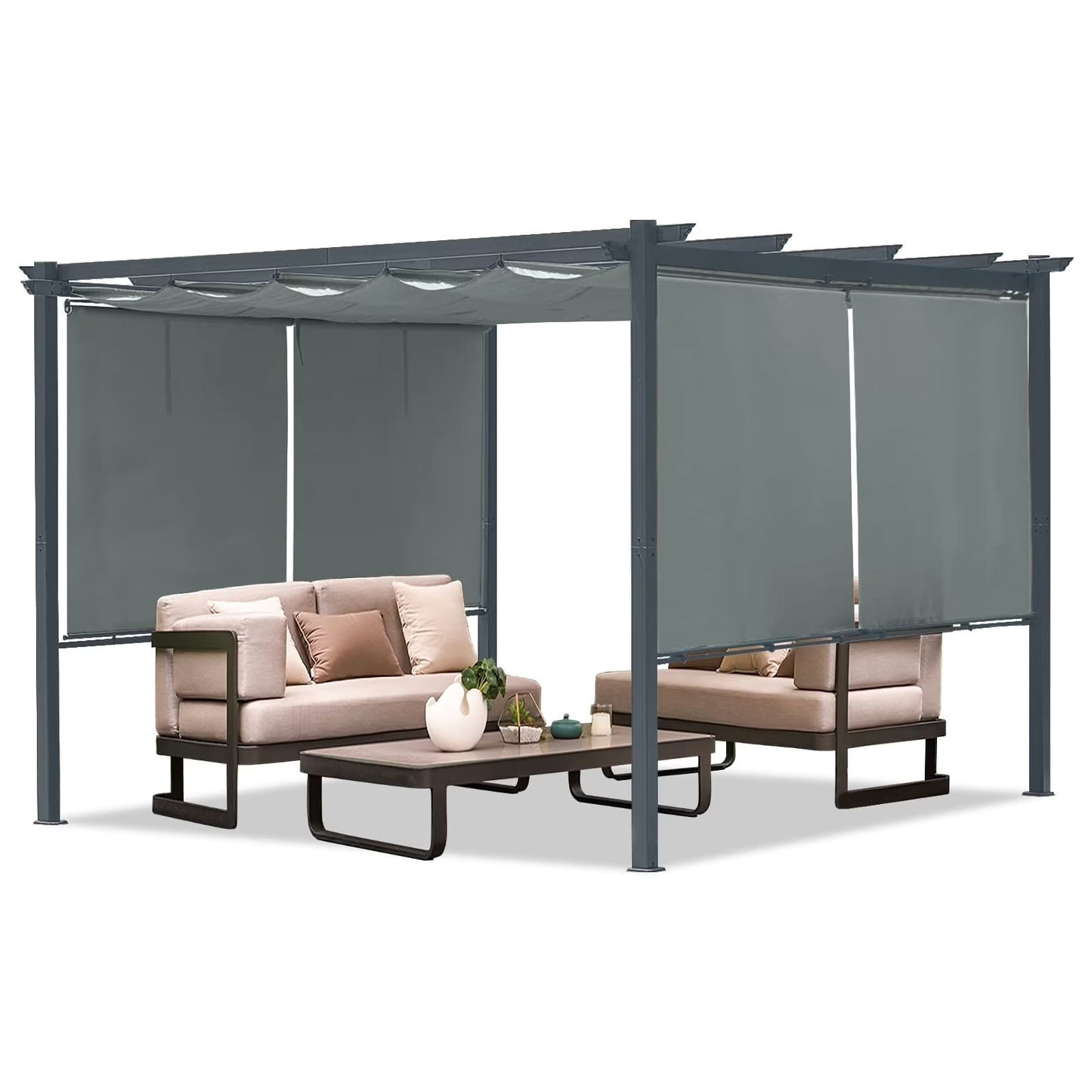 12x12 FT Waterproof Pergola with Retractable Canopy, Dark Gray Aluminum Frame, Roller Shade Curtain for Patio