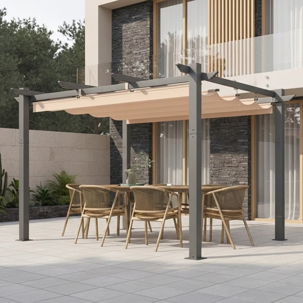 10' X 12' Outdoor Pergola With Retractable Canopy, Heavy-Duty Metal Frame And Adjustable Patio Shade Roof