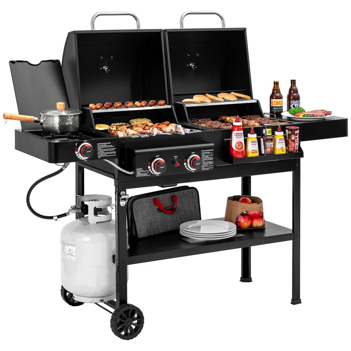 2-Burner Gas and Charcoal Combo Grill with Side Burner
