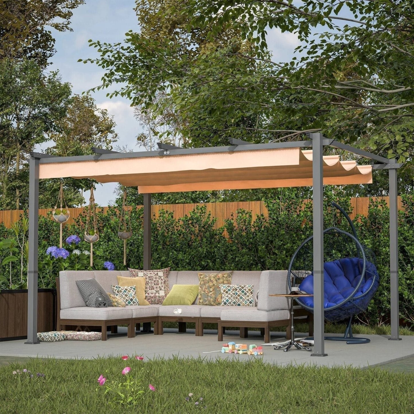 Stylish 10′ x 13′ Aluminum Patio Pergola with Retractable Canopy – Perfect Backyard Shade Shelter for Outdoor Parties
