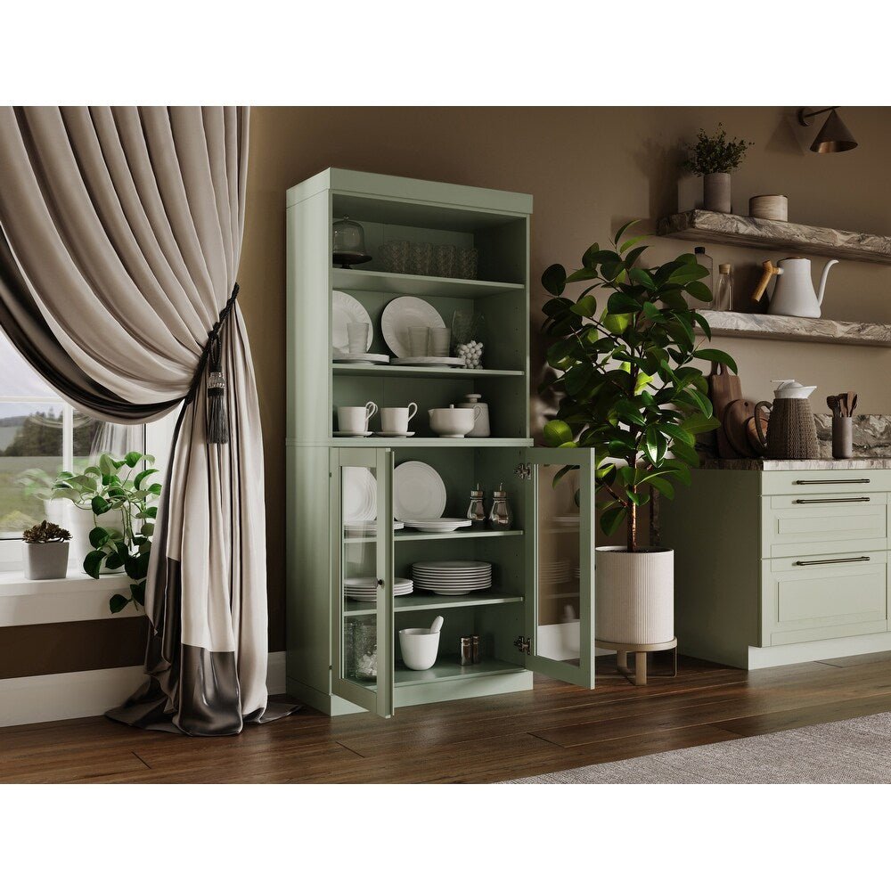 Solid Wood Tall Pantry Cabinet, 32" W x 71.5" H - Sage - Clear Glass