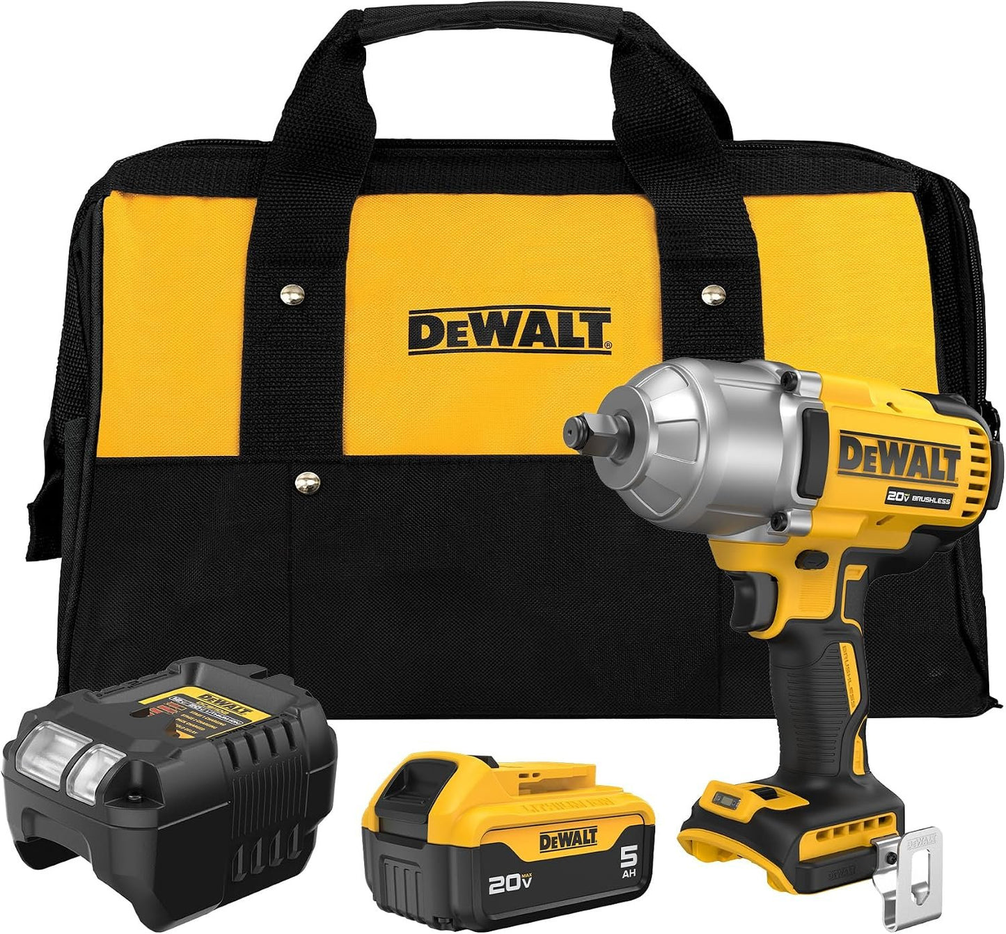 DEWALT 20V MAX Cordless Impact Wrench with Hog Ring Anvil, Brushless High Torque 1/2 Impact Gun, 4-Mode Speed, Includes Battery, Charger and Kit Bag (DCF900P1)
