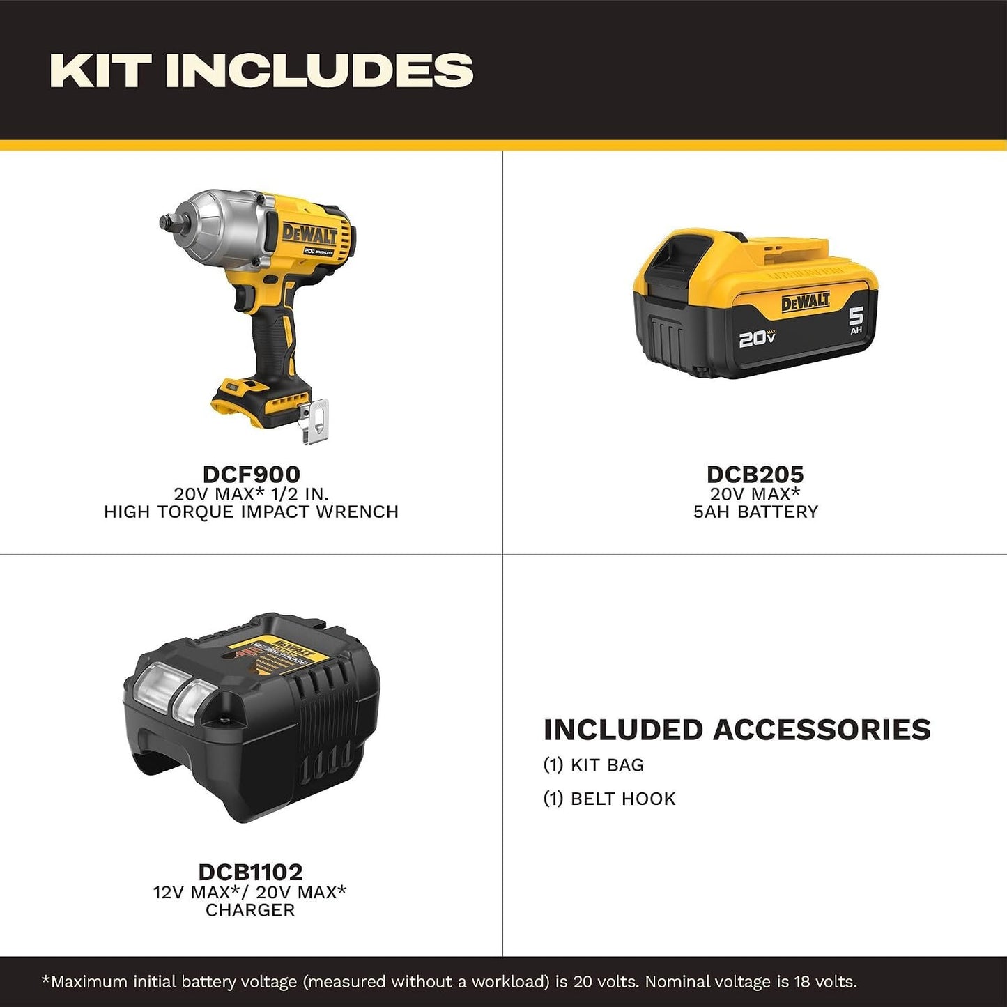 DEWALT 20V MAX Cordless Impact Wrench with Hog Ring Anvil, Brushless High Torque 1/2 Impact Gun, 4-Mode Speed, Includes Battery, Charger and Kit Bag (DCF900P1)