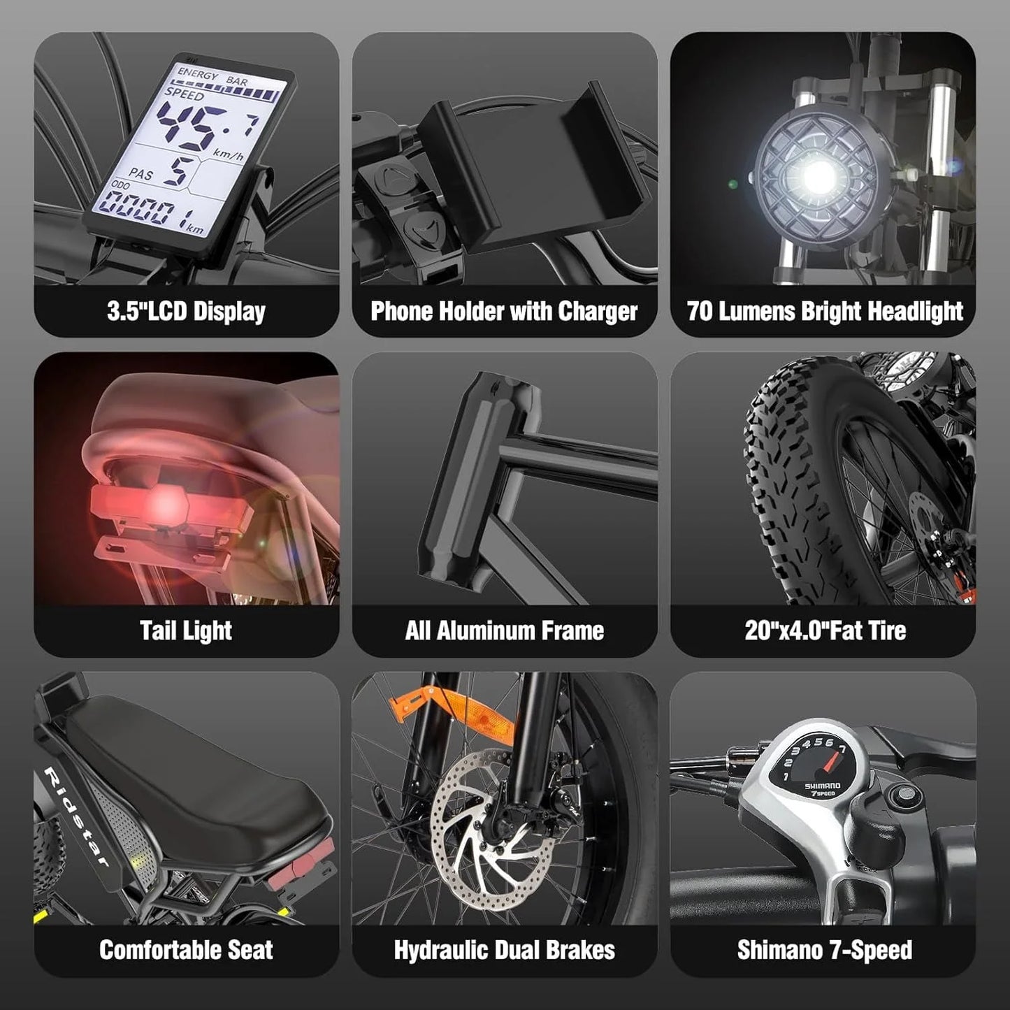 Ridstar Electric Bike 1500W for Adults – 20" Fat Tires, 48V 20Ah Battery, 7-Speed Mountain eBike