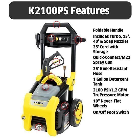 Karcher 2,100 PSI 1.2 GPM Electric Cold Water K2100PS Pressure Washer with Turbo, 15 Degree, 40 Degree and Soap Nozzles