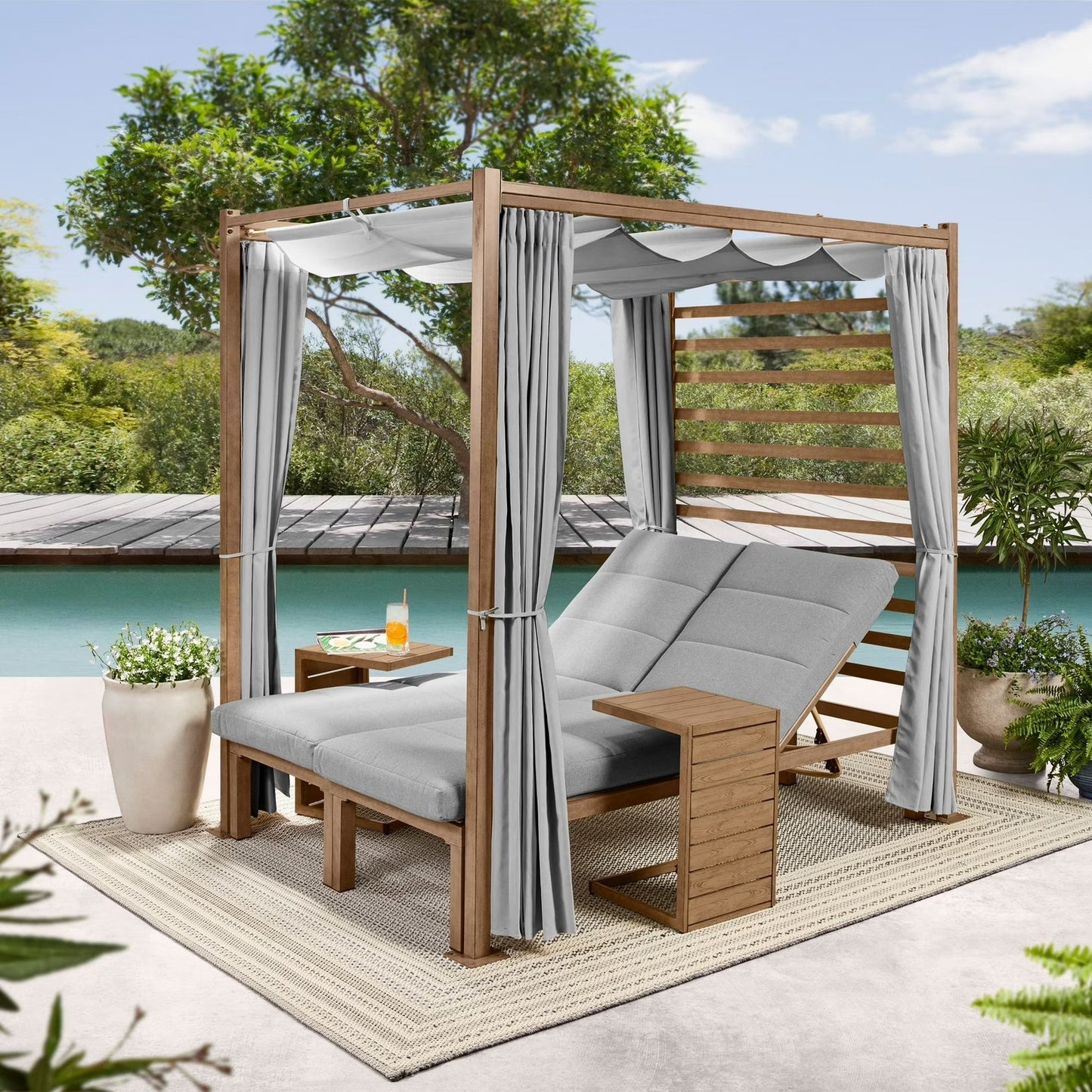 Marlow Pergola with Retractable Curtains and Faux Wood Finish, Grey