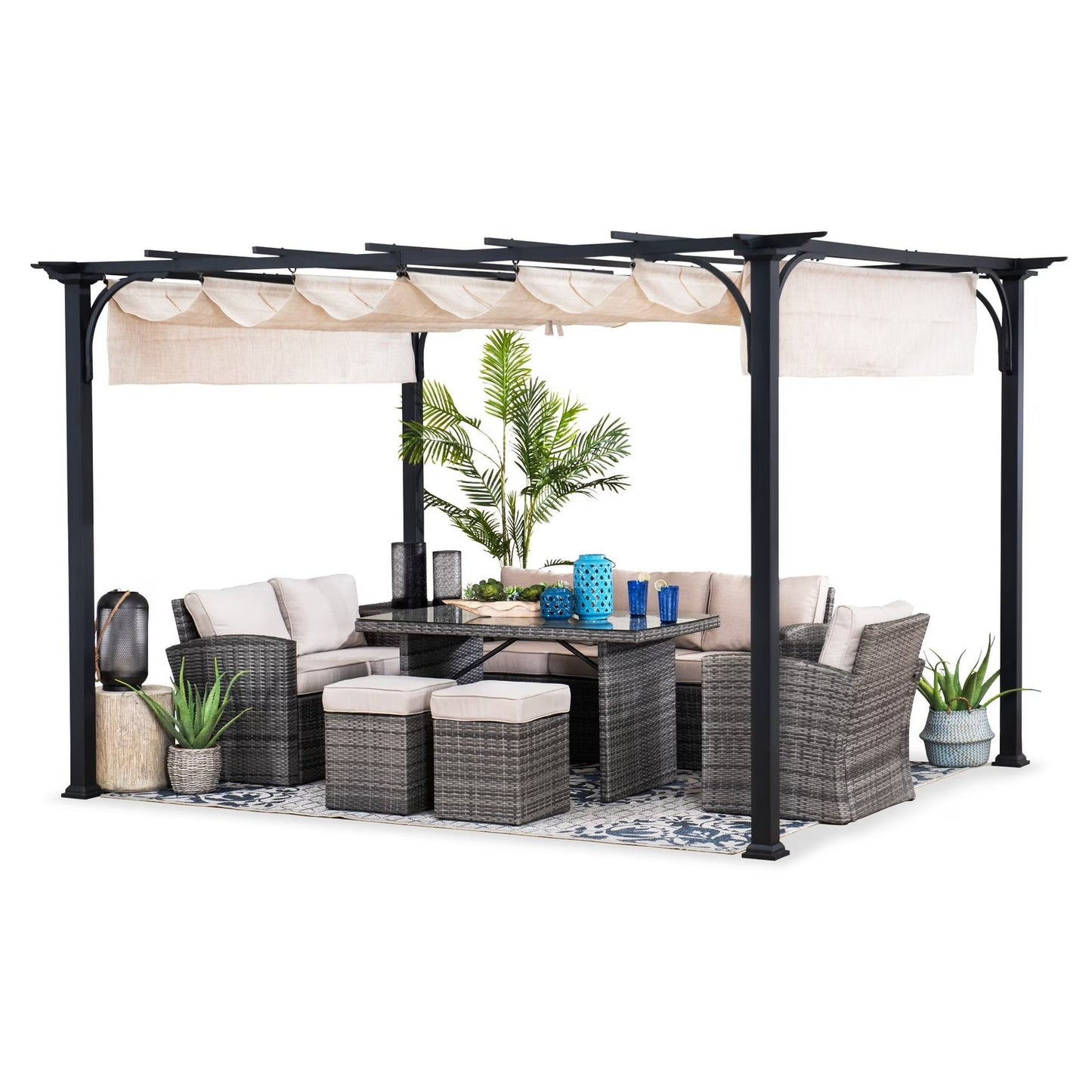 Outdoor Pergola 9 x 12 ft. Patio Black Steel Frame Pergola with Retractable Beige Canopy Shade for Backyard, Garden Activities