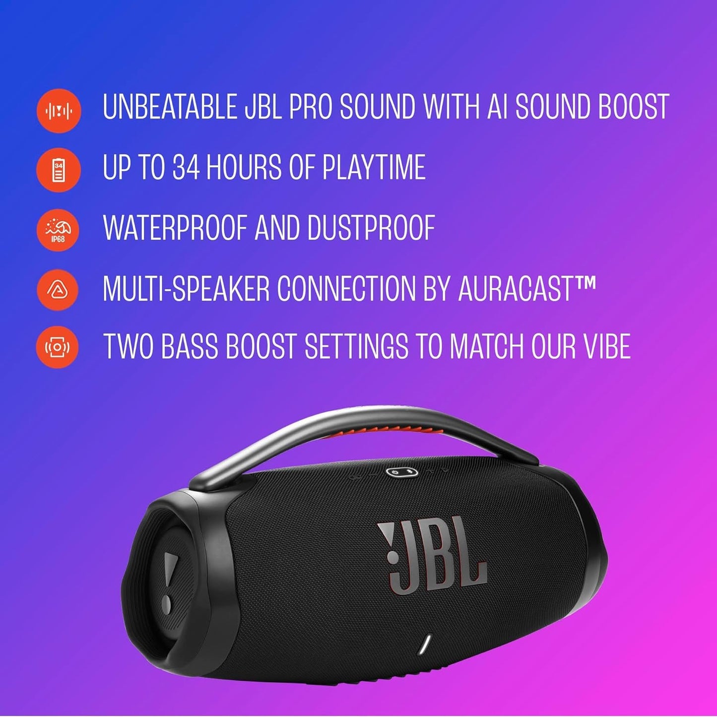 JBL Boombox 4 Portable Bluetooth Speaker, Waterproof, Deep Bass - Black | Up To 34 Hours Playtime, IP68 Dustproof, AI Sound Boost For Louder Clearer Audio,...