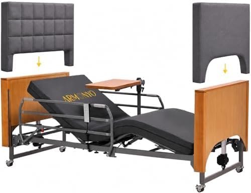 Electric Hospital Bed for Home Use – 5 Functions, Advanced German LIMOSS Motor, Ultra-Low 8.5"–25" Adjustable Height, Double Solid Wood Panels with Medical Overbed Table &amp; Foldable Rails