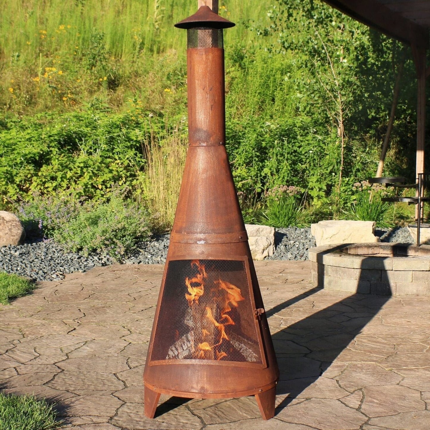Sunnydaze 70″ Rust Patina Finish Steel Wood-Burning Chiminea with Spark Screen