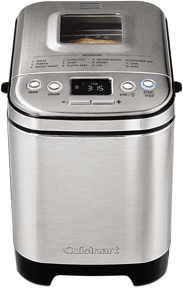 Cuisinart Bread Maker Machine, Stainless Steel Convection Bread Machine with 16 Menu Options, 3 Loaf Sizes Up to 2 Lb., 3 Crust Colors, Includes Measuring Cup, Spoon & Kneading Hook, CBK-210