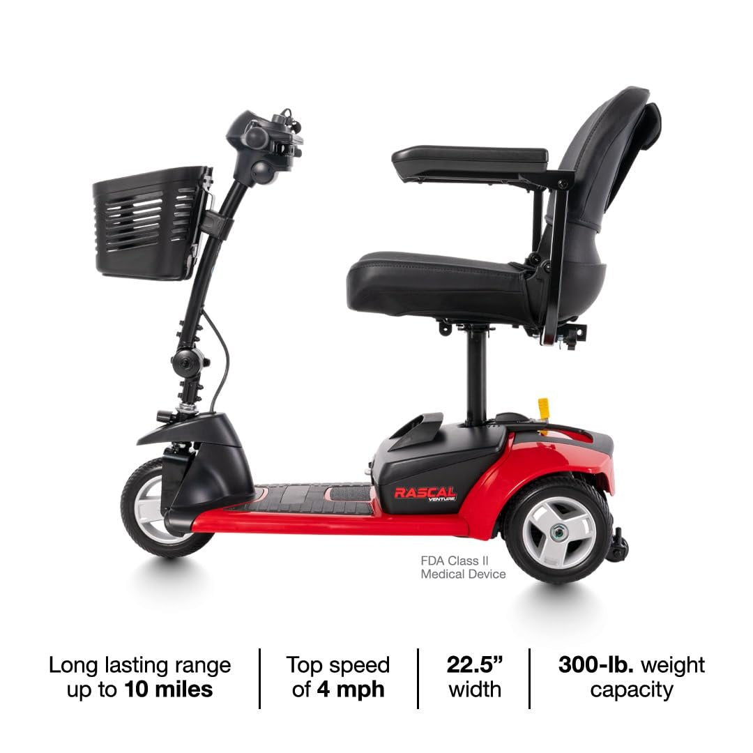 Rascal Venture 3-Wheel Portable Mobility Scooter for Travel, Easy Disassembly, Compact Design, 300 lb Capacity, Battery Included