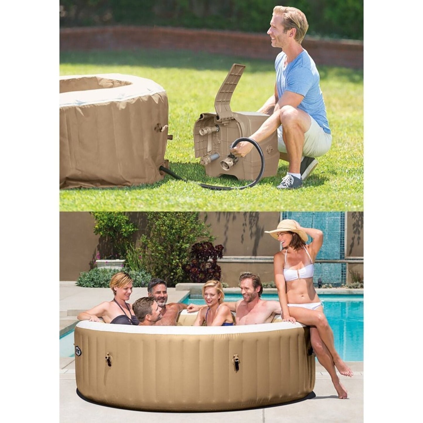 Intex: PureSpa: Sahara Tan Inflatable Hot Tub Set – 6 Person – 85″ Round Outdoor Heated Bubble Spa, Jet Massage, Cover, Hard Water Treatment System