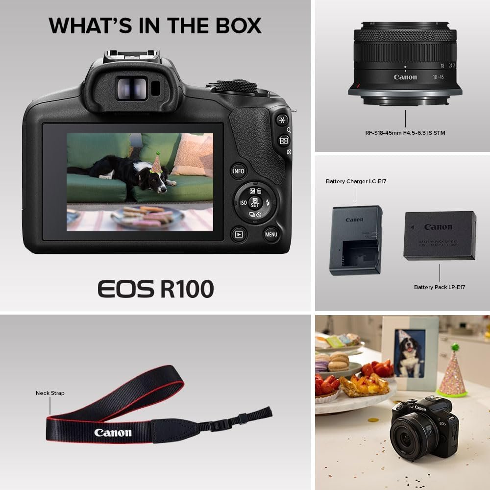 Canon EOS R100 Mirrorless Camera RF-S18-45mm F4.5-6.3 is STM Lens Kit, 24.1 Megapixel CMOS (APS-C) Sensor, 4K Video, Wi-Fi & Bluetooth, Beginner Photographers and Creators, Digital Camera, Black | 24.1MP Aps-C CMOS, 4K Video, Dual Pixel Af, Rf-S 18-45mm F