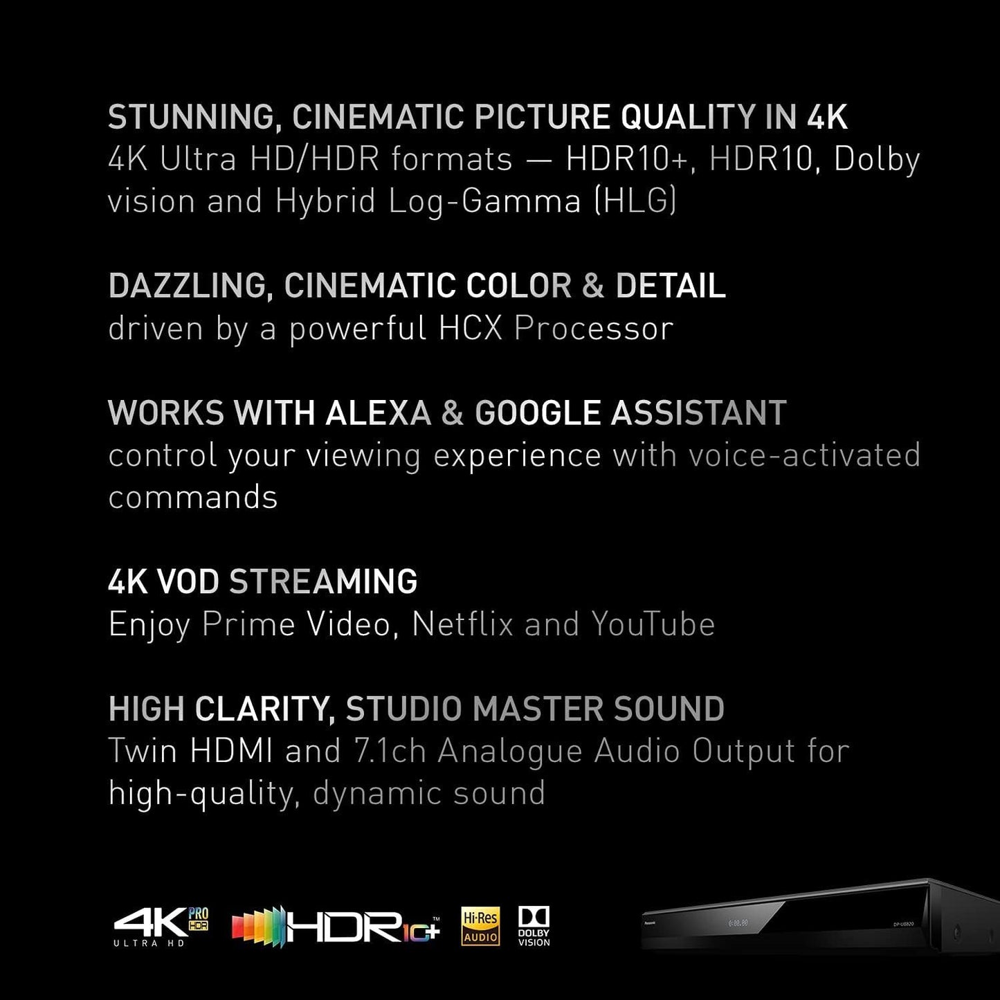 Panasonic Streaming Blu Ray DVD Player, 4K Blu Ray Player with Dolby Vision and HDR10+ Ultra HD Premium Video Playback, Hi-Res Audio, Voice Assist - DP-UB820-K (Black)