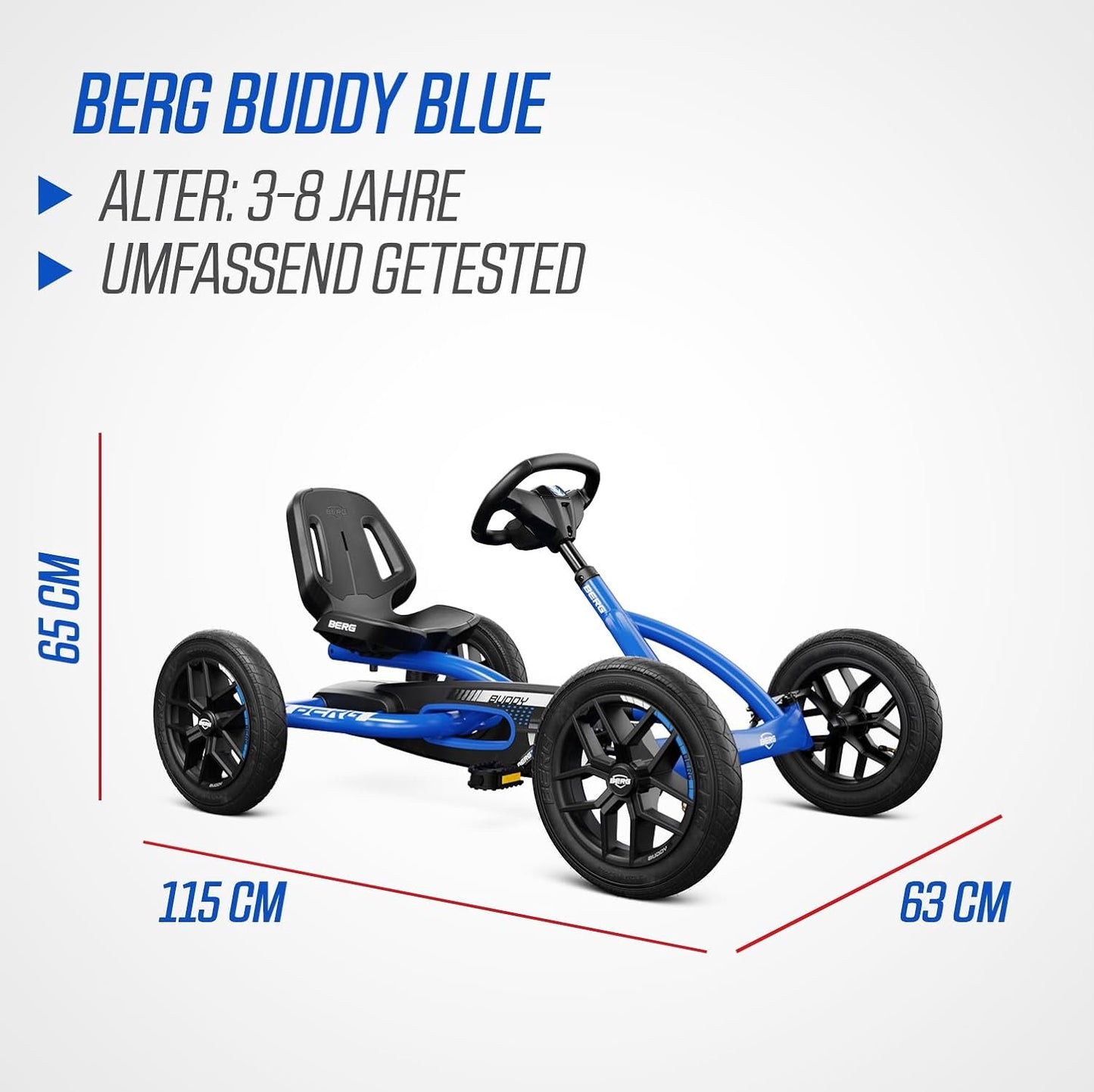 Berg Toys Buddy Blue Pedal Go Kart for Kids– Adjustable Ride On Toy for Ages 4-8 – Go Karts with BFR System and Adults Outdoor Pedal Car for Kids