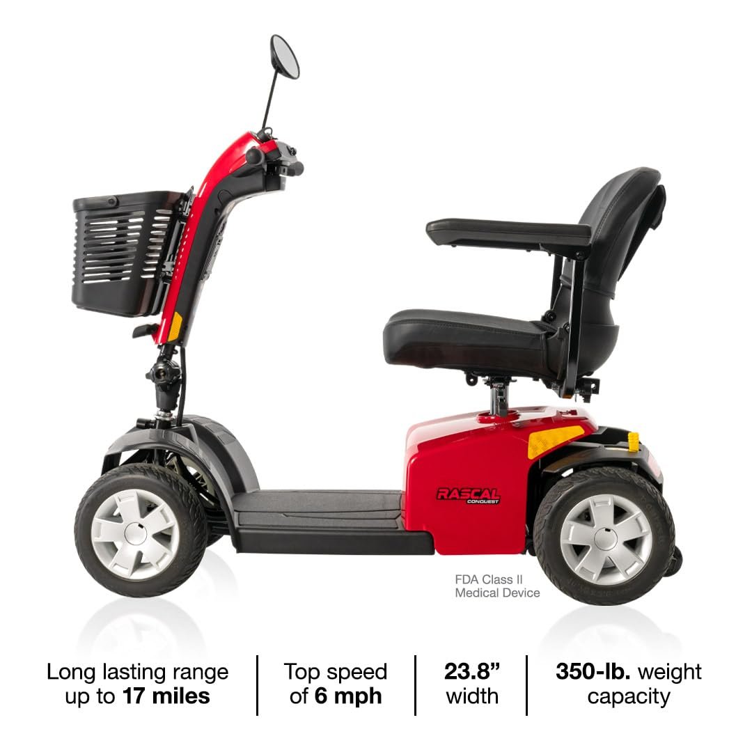 Rascal Conquest 4-Wheel Heavy-Duty Outdoor Mobility Scooter, Long-Range Battery-Powered Electric Travel, 350lb Capacity, Battery Included