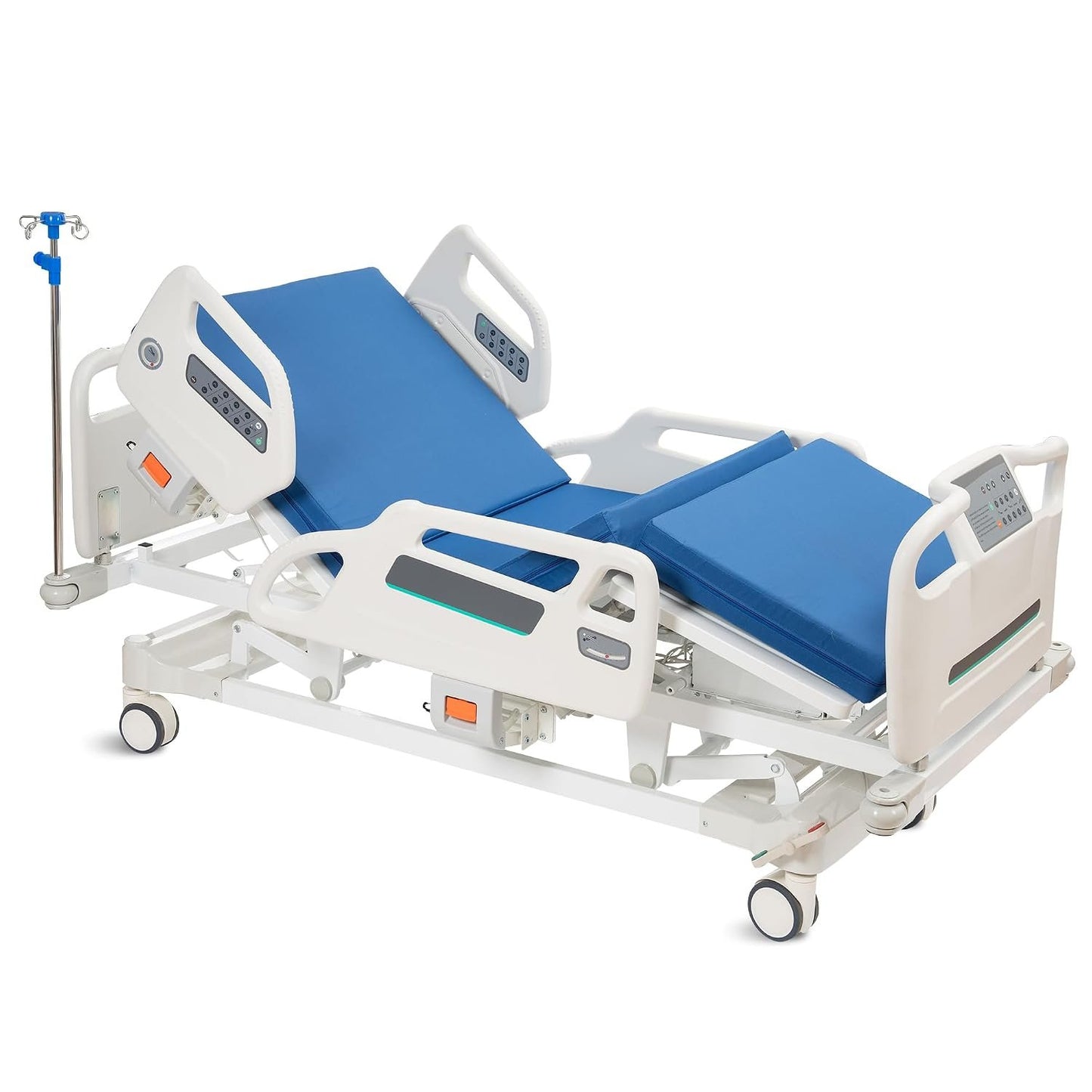 Real Relax Premium 3 Function Full Electric Hospital Bed (with Mattress &amp; IV Pole), Premium Medical Hospital Beds, with Locking Casters, Motor, 530LBS Loading, Includes Sheets (2X)