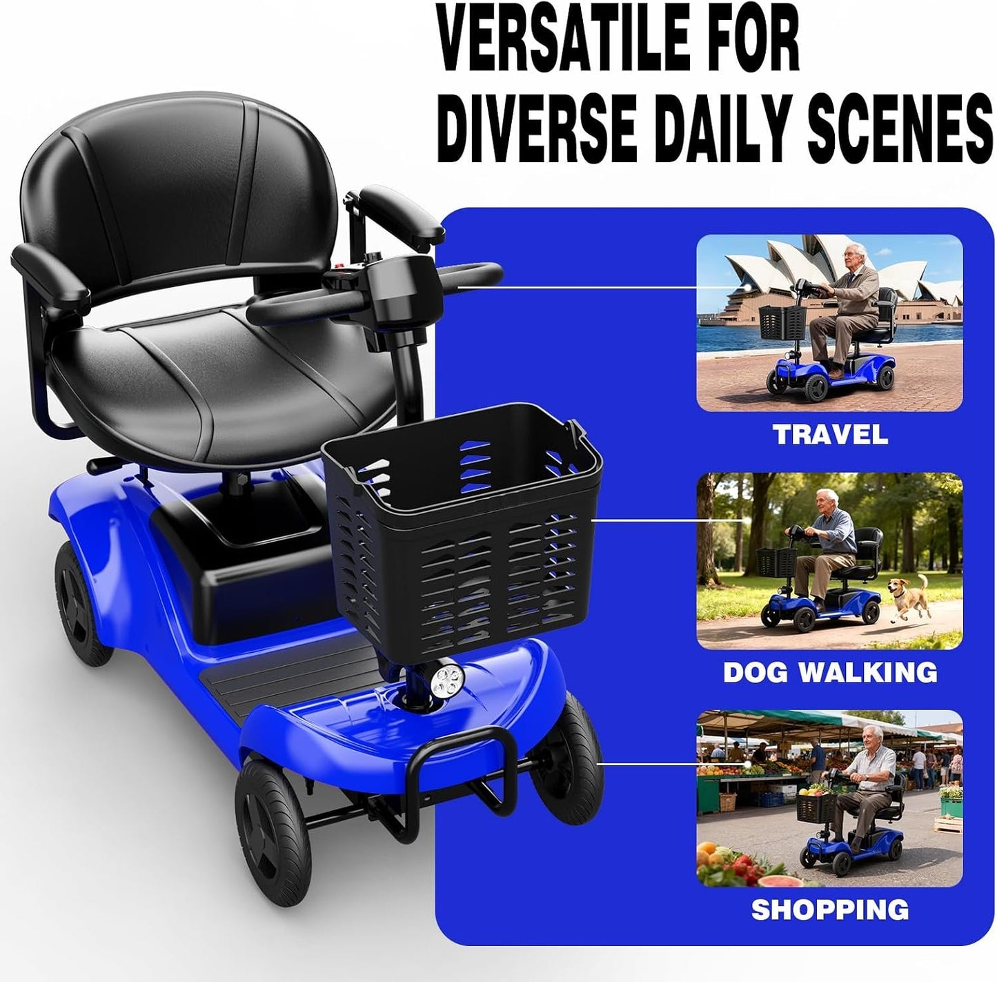 Mobility Scooter,4 Wheel Mobility Scooter,15 Miles Range,300W Motor, 300LBS Capacity,Lightweight and Portable,with LED Headlights and Basket,Charger Included,Blue