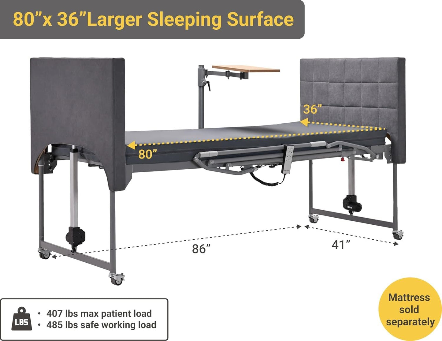 Electric Hospital Bed for Home Use – 5 Functions, Advanced German LIMOSS Motor, Ultra-Low 8.5"–25" Adjustable Height, Double Solid Wood Panels with Medical Overbed Table &amp; Foldable Rails