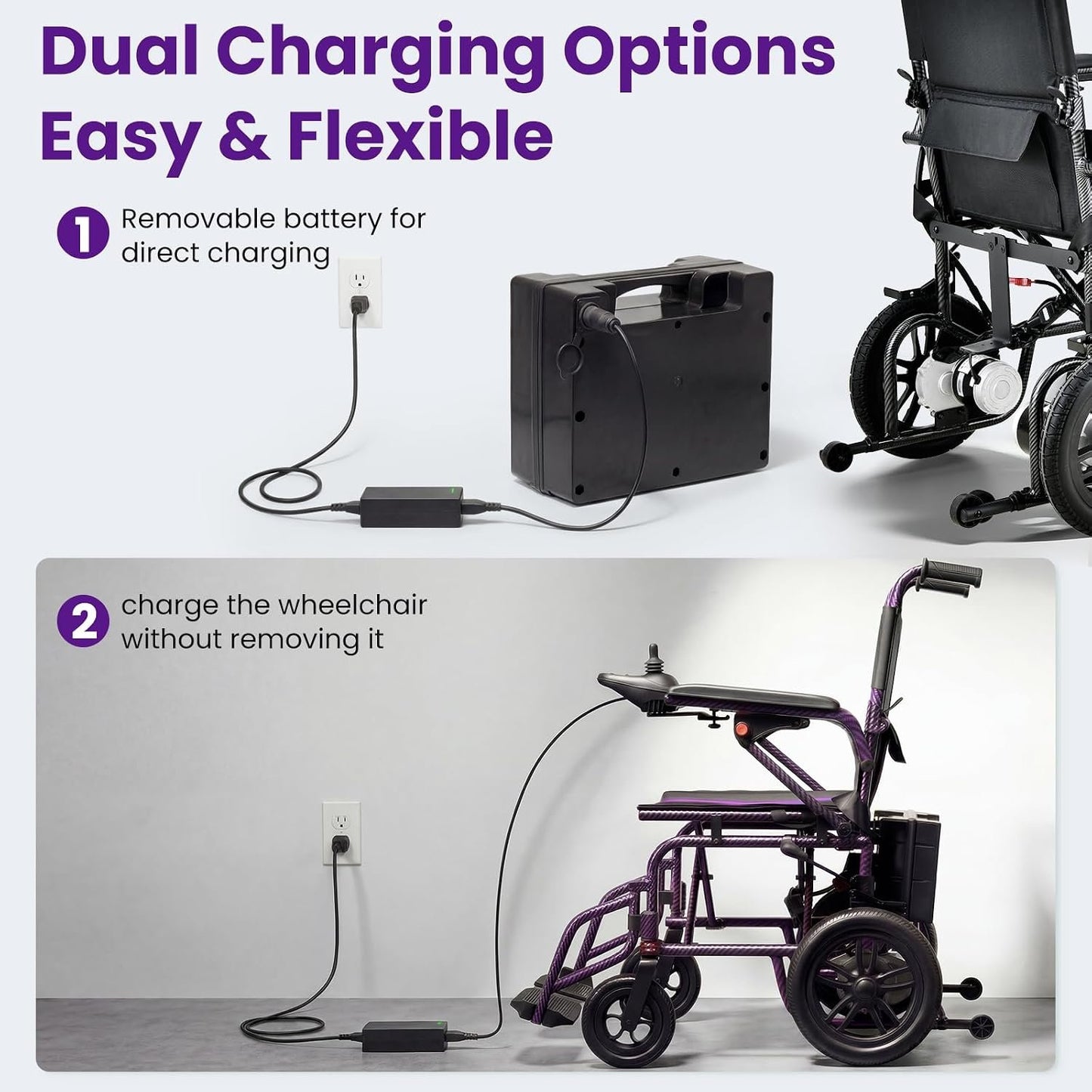 Electric Wheelchairs for Adults，Lightweight Foldable Wheelchair 15 Miles Long Travel Range, 360° Joystick Control Motorized Wheelchair, Support 286 lbs with LED Light Power Wheelchair (Purple)