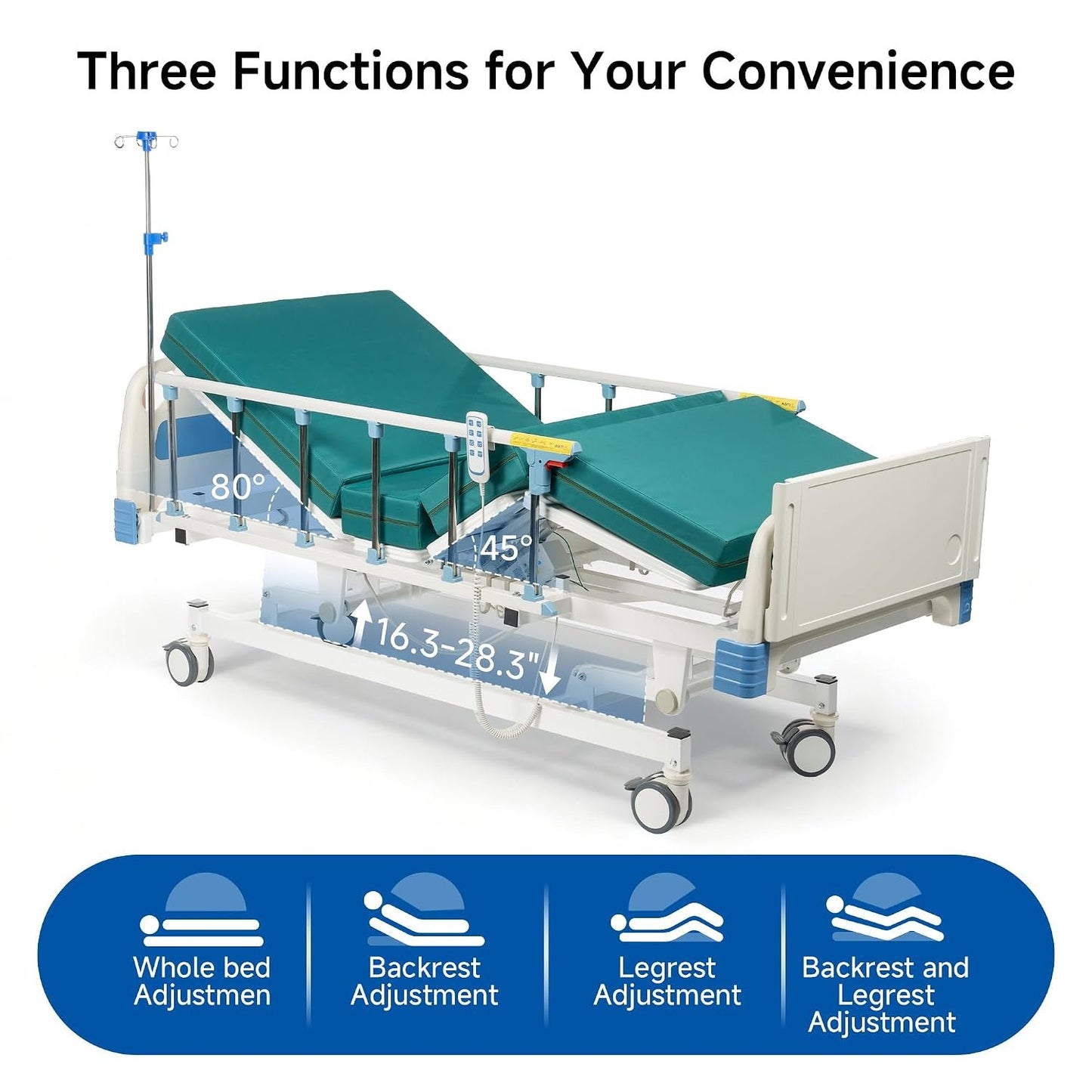 Real Relax Premium 3 Function Full Electric Hospital Bed (with Mattress &amp; IV Pole), Premium Medical Hospital Beds, with Locking Casters, Motor, 530LBS Loading, Includes Sheets (2X)