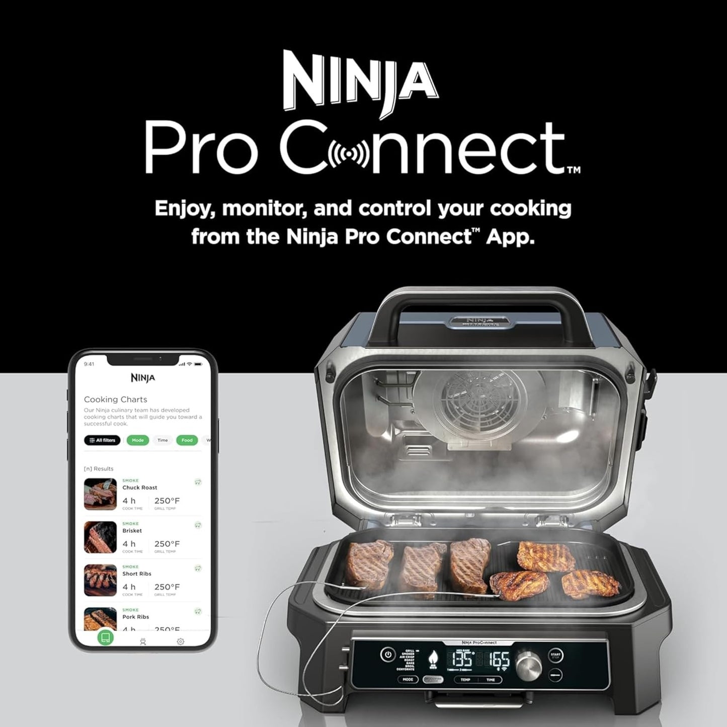 Ninja Woodfire Pro Connect XL Outdoor Grill & Smoker | Bluetooth, App Enabled | 7-in-1 Grill, BBQ Smoker, Outdoor Air Fryer | Woodfire Technology | Built-In Thermometer | Green & Gold | OG951GN2