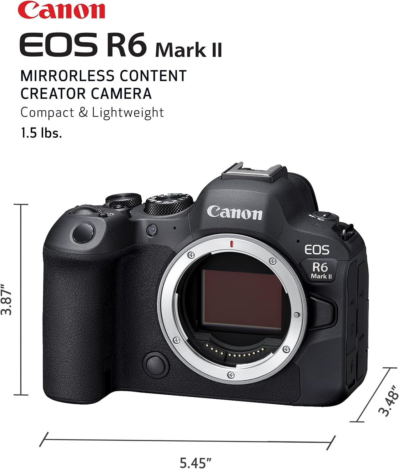 Canon EOS R6 Mark II Mirrorless Camera (Body Only), Full-Frame Camera, 24.2 Megapixel CMOS Sensor, Photo and Video Capabilities, Black | 24.2MP Full-Frame CMOS, Digic X, 5-Axis Ibis Up to 8 Stops, 6K Oversampled 4k60, Raw Burst 30 Fps, Dual UHS-Ii SD Slot