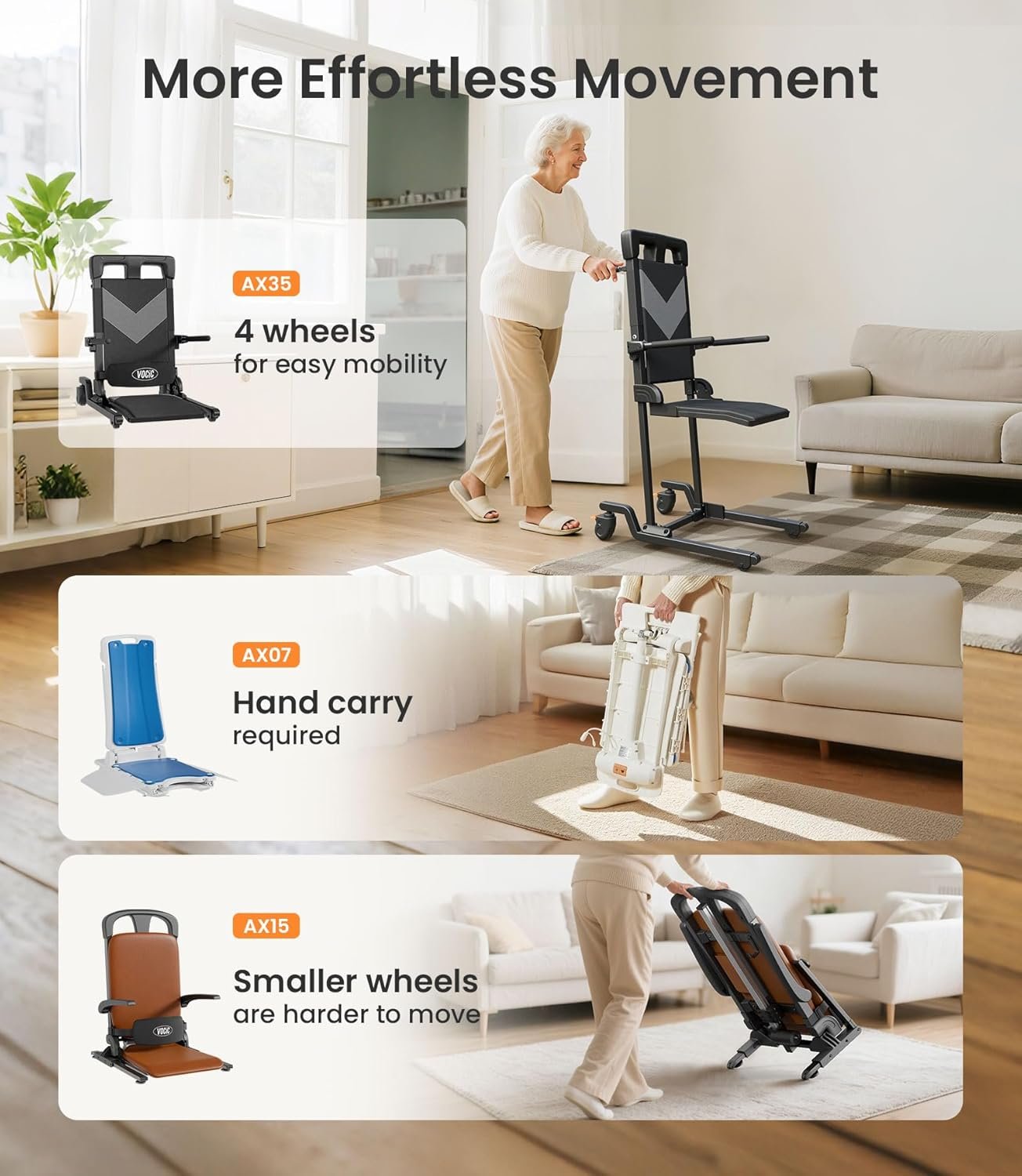 VOCIC Electric Chair Lift Get Up from Floor, Movable with 4 Wheels, Portable Rolling Chair Lift with T-Stabilized Base, Short-Distance Transport, Lift for Elderly from Floor, Supports 350 LBS, AX35