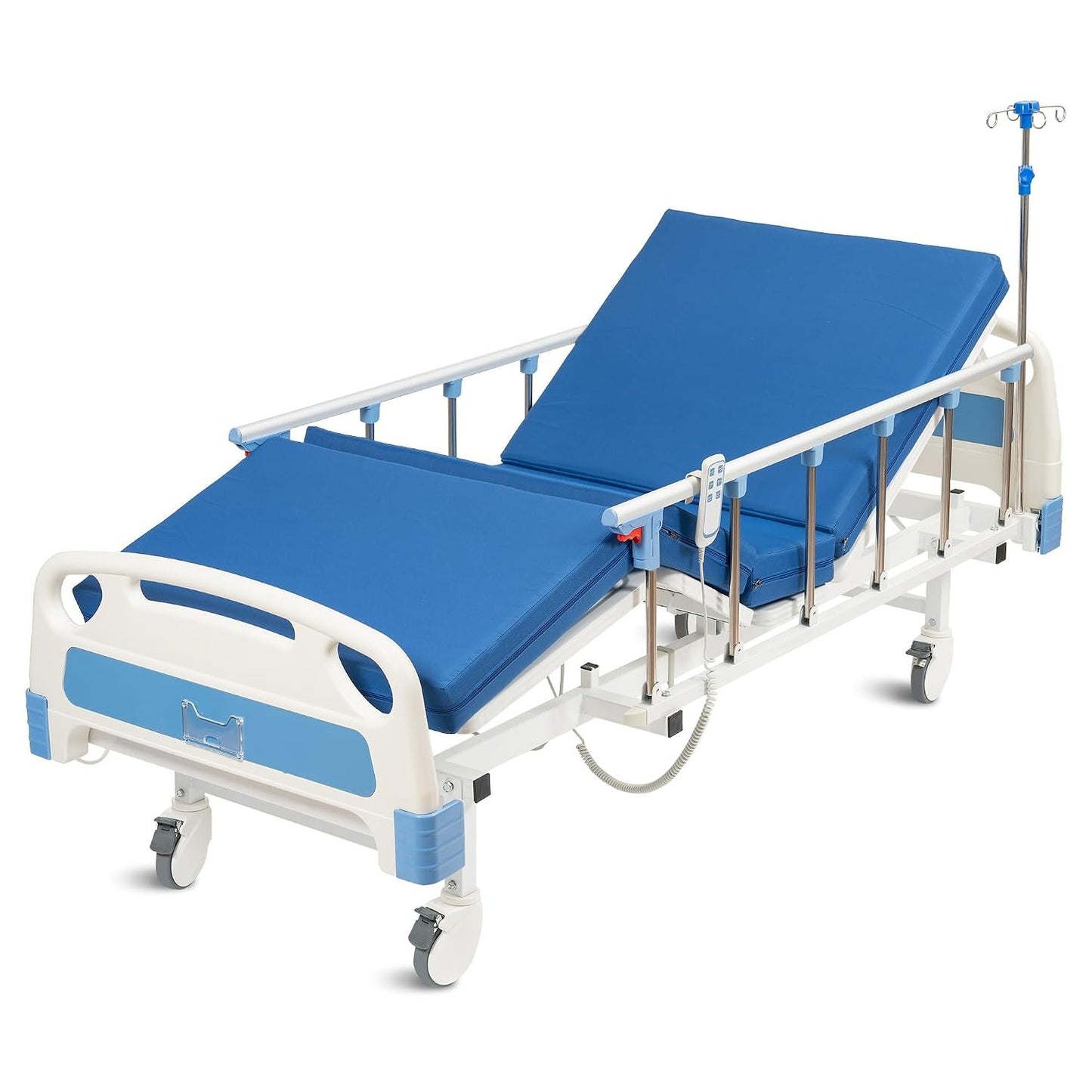 Real Relax Premium 3 Function Full Electric Hospital Bed (with Mattress &amp; IV Pole), Premium Medical Hospital Beds, with Locking Casters, Motor, 530LBS Loading, Includes Sheets (2X)