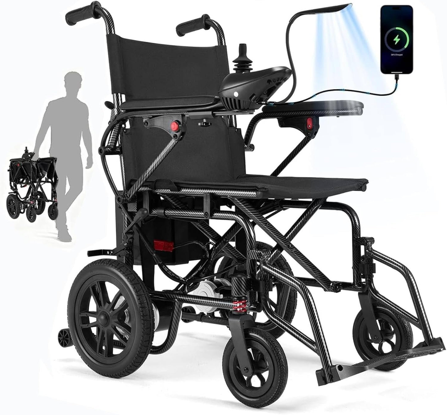 Electric Wheelchairs for Adults，Lightweight Foldable Wheelchair 15 Miles Long Travel Range, 360° Joystick Control Motorized Wheelchair, Support 286 lbs with LED Light Power Wheelchair (Purple)