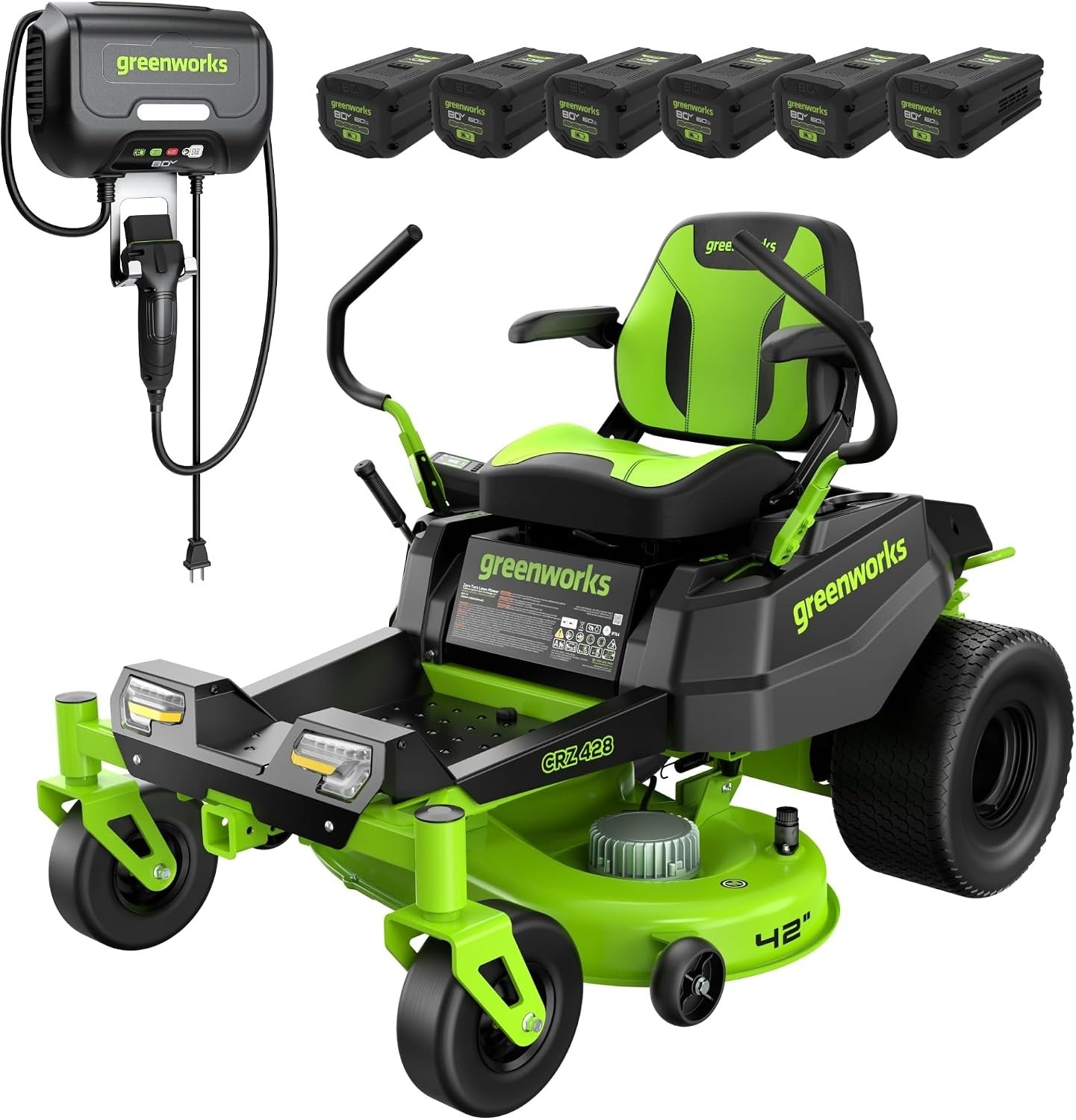Greenworks 80V 42" CrossoverZ Zero Turn Riding Lawn Mower, (6) 6.0Ah Batteries and 600W Charger