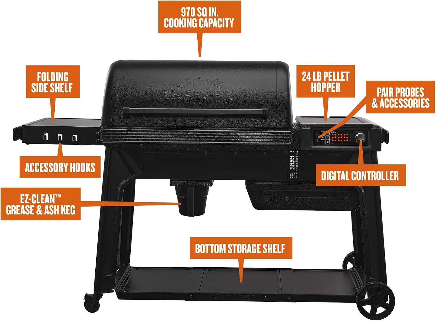 Traeger Grills Woodridge Pro Electric Wood Pellet Grill and Smoker, 970 Sq. In., Outdoor Pellet Smoker Grill with Digital Sensor and Side Shelf, Wi-FIRE Technology, Super Smoke Mode, Black, TFB97JLH