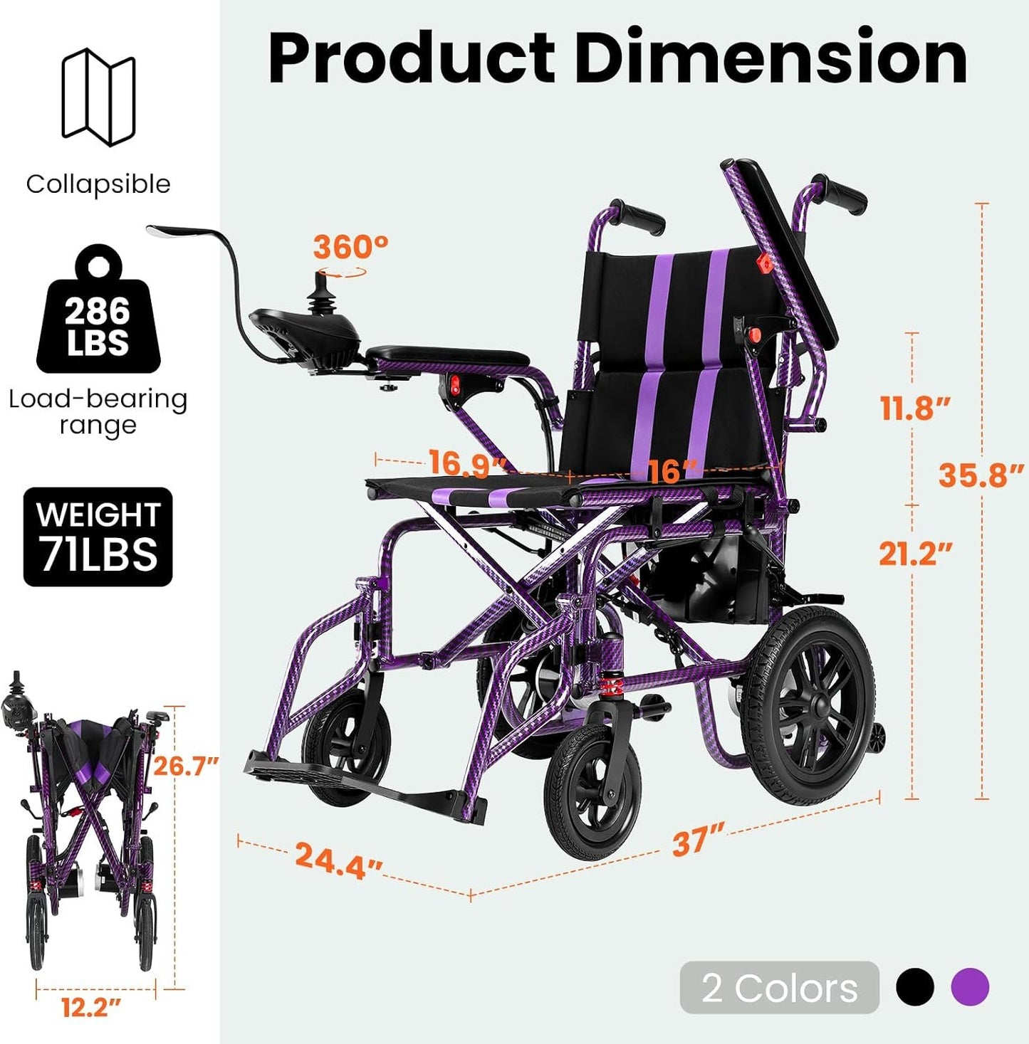 Electric Wheelchairs for Adults，Lightweight Foldable Wheelchair 15 Miles Long Travel Range, 360° Joystick Control Motorized Wheelchair, Support 286 lbs with LED Light Power Wheelchair (Purple)