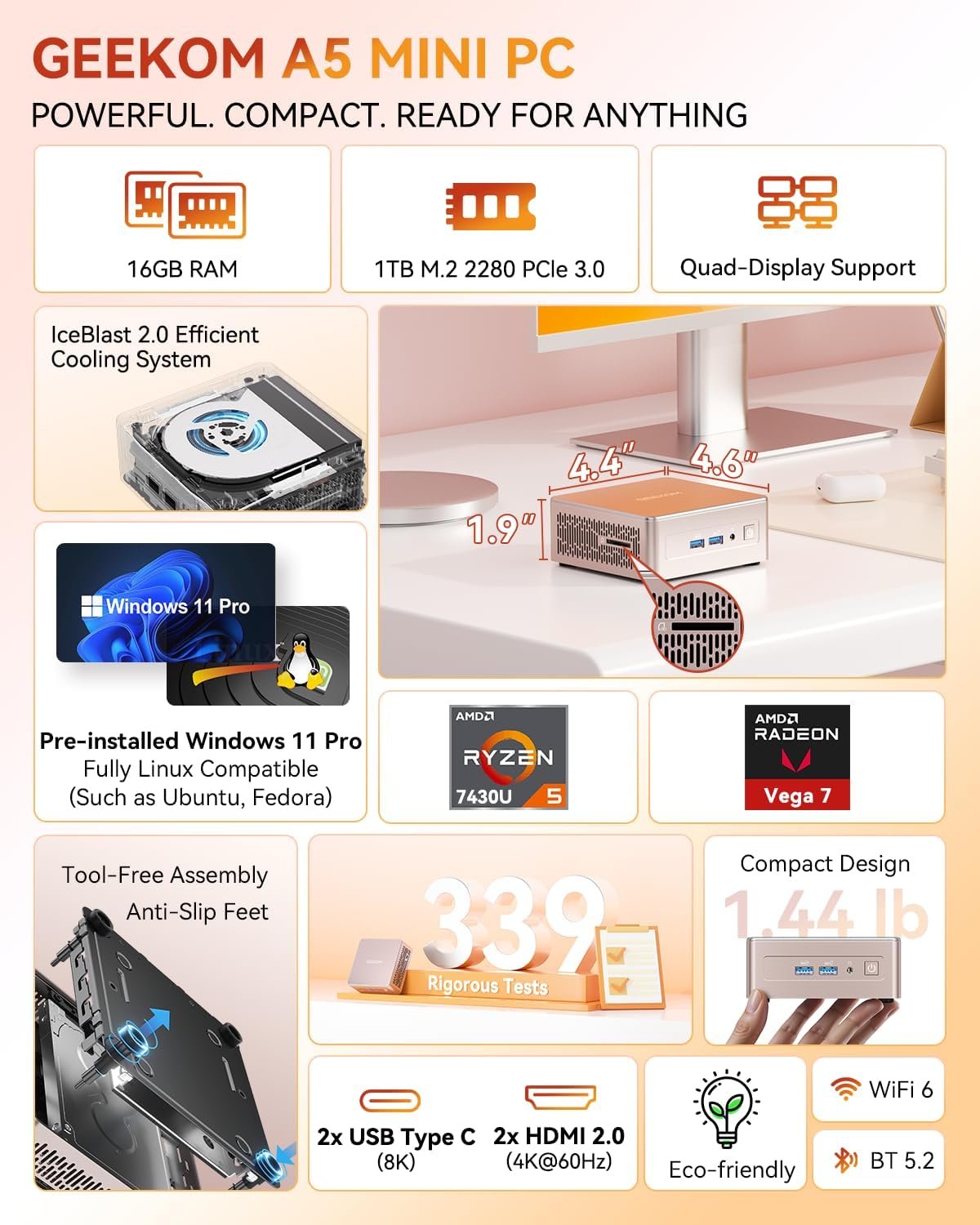 GEEKOM A5 Mini PC, AMD Ryzen 5 7430U, Home Office Desktop Computer | 16GB RAM (Upgradable), 1TB NVMe SSD, Windows 11 Pro, Media Server, 8K, Wi-Fi 6, USB 3.2, SD Slot, 6 USB, 3-Year Coverage