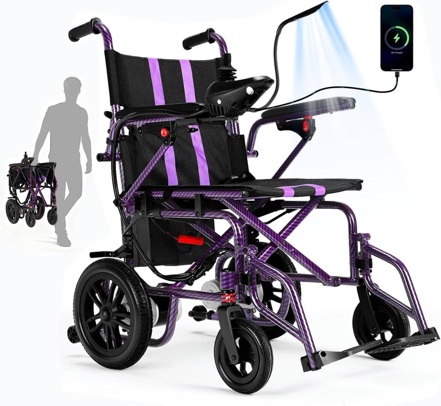 Electric Wheelchairs for Adults，Lightweight Foldable Wheelchair 15 Miles Long Travel Range, 360° Joystick Control Motorized Wheelchair, Support 286 lbs with LED Light Power Wheelchair (Purple)