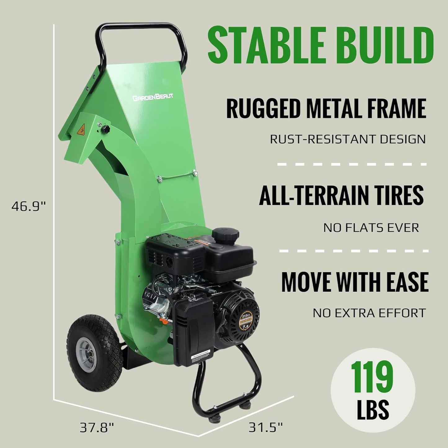 S1 Gas-Powered Wood Chipper, 7HP, 3" Max Diameter, High Reduction Ratio