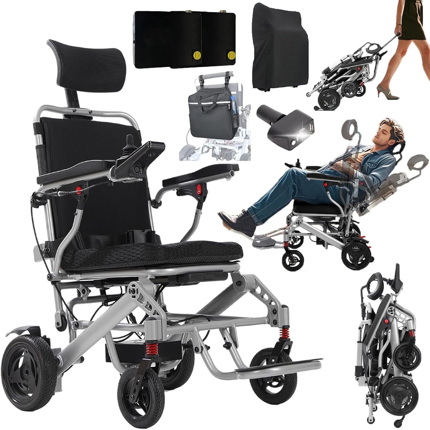 2025 Reclining Electric Wheelchair – 30+ Mile Range, Foldable All-Terrain Power Chair with Dual Batteries, Headrest &amp; Telescopic Handle
