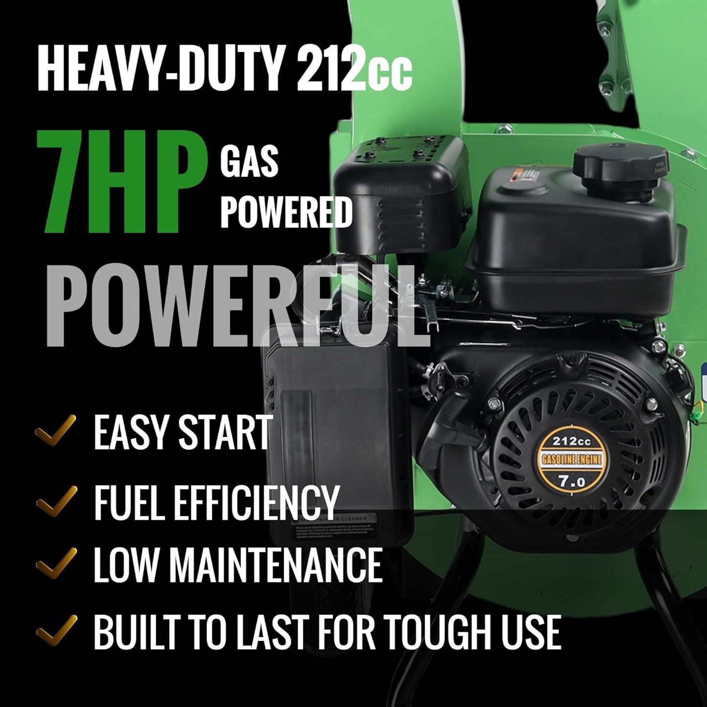 S1 Gas-Powered Wood Chipper, 7HP, 3" Max Diameter, High Reduction Ratio