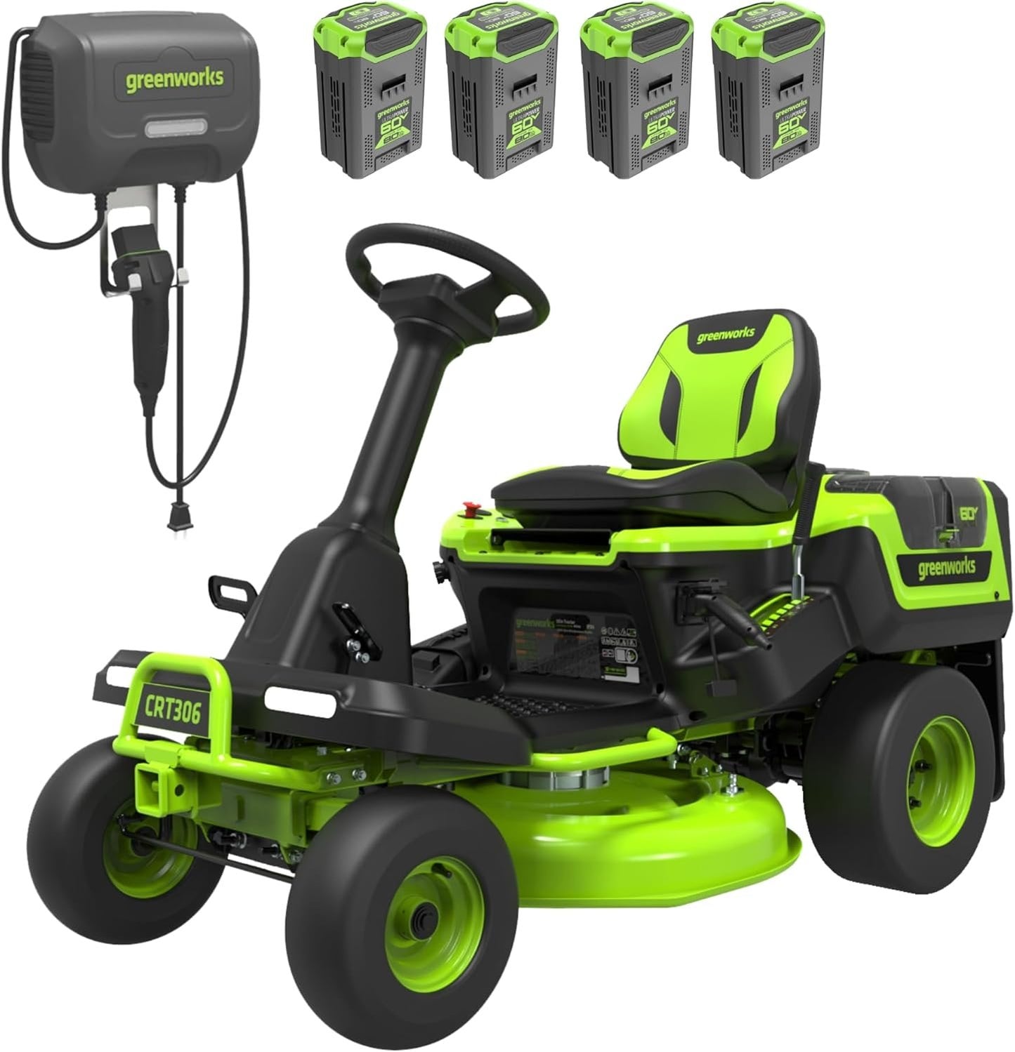 Greenworks 60V 30' Riding Lawn Mower (1.25 Acre, 16 HP Gas Equivalent, 6 MPH, Tow Up to 200 lbs.), (4) 8.0Ah Batteries (1,920 Wh Max) + Turbo Wall Charger