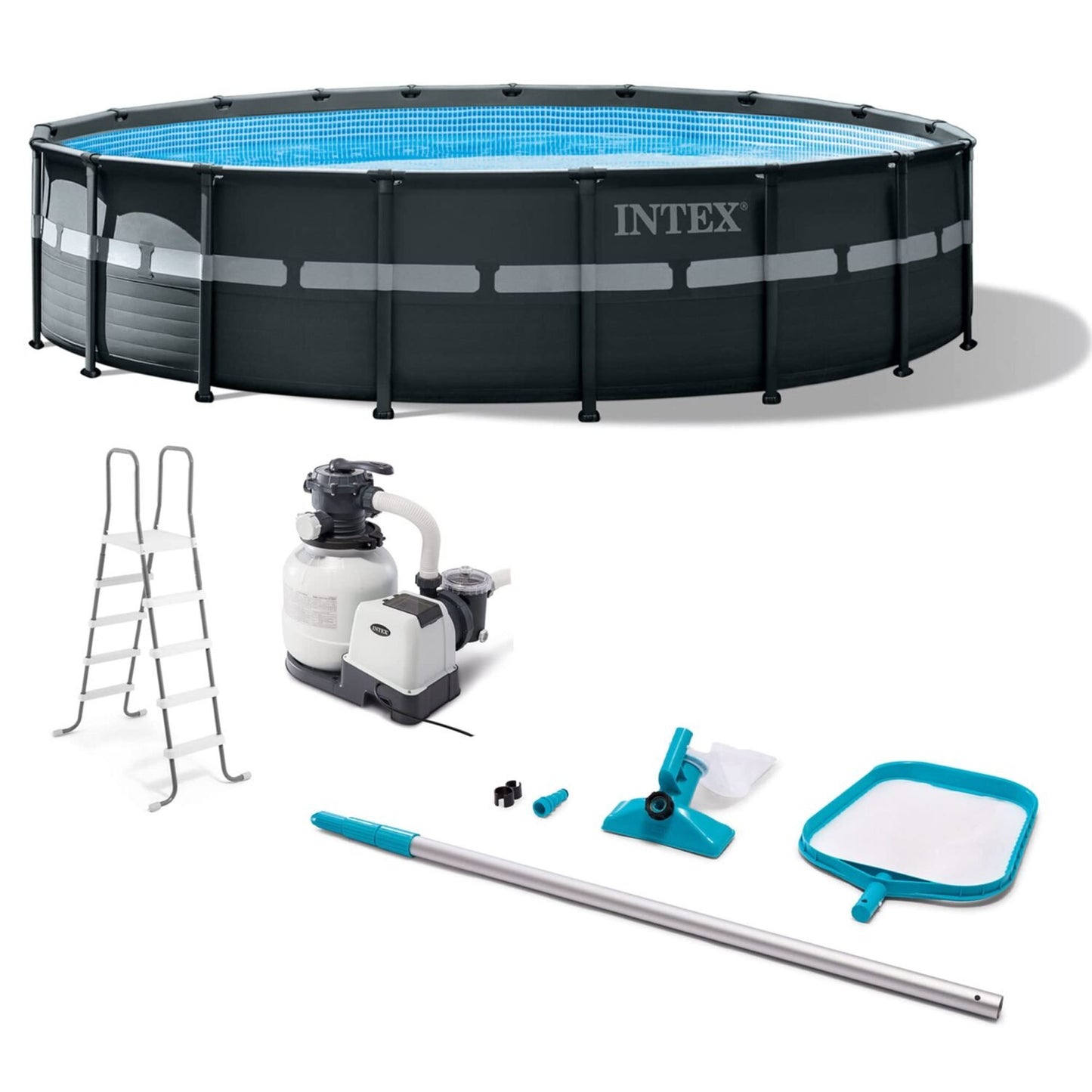 Intex Ultra XTR Frame 18′ x 52″ Above Ground Swimming Pool with Sand Filter Pump, Ladder, Cover, &amp; Maintenance Accessory Kit with Vacuum and Skimmer