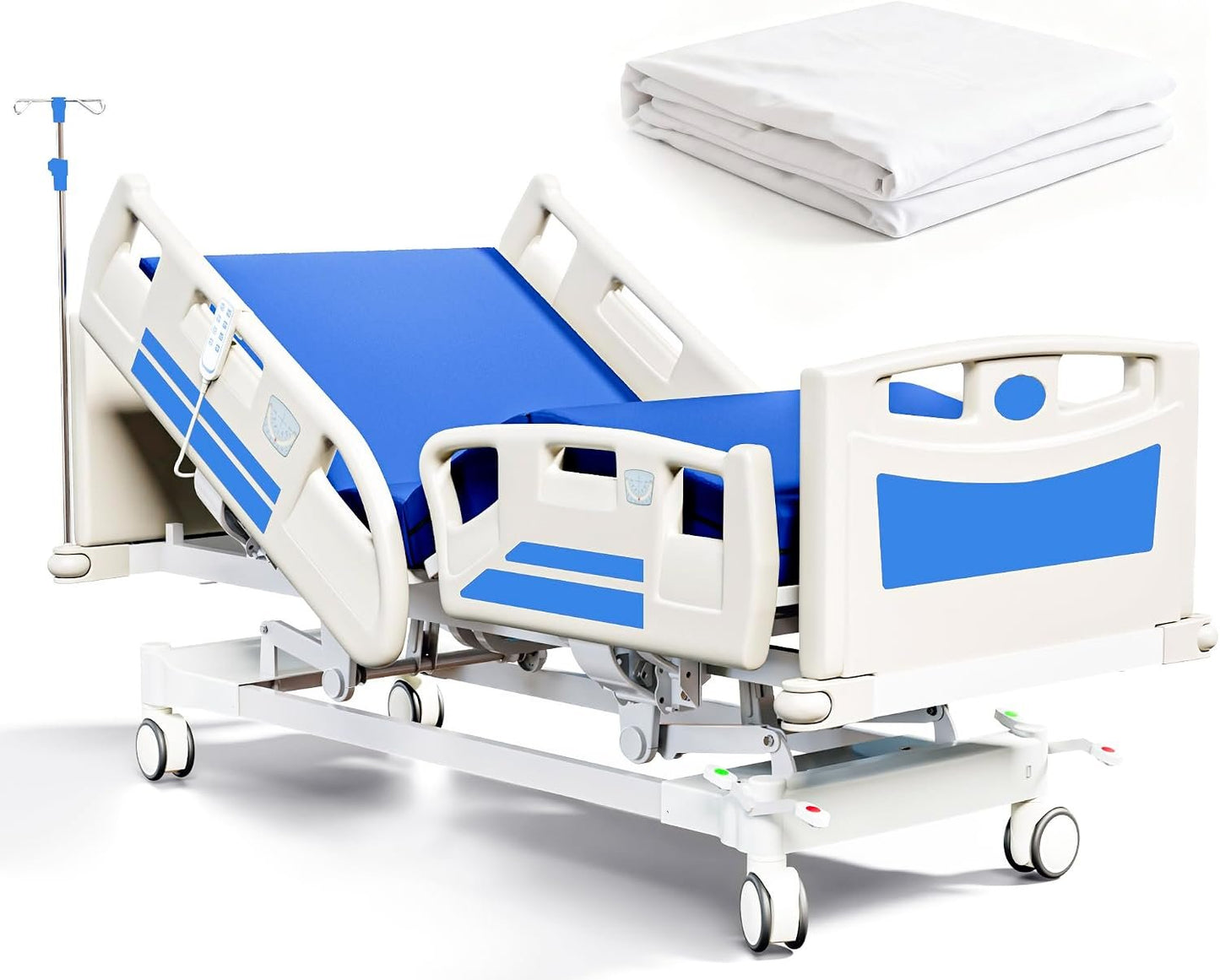 Premium Full Electric Hospital Bed for Home Use, 5 Function Medical Bed with 4.7” Foam Mattress, Height Adjustable, Central Locking System, Includes Sheets (2X) (5 Function)