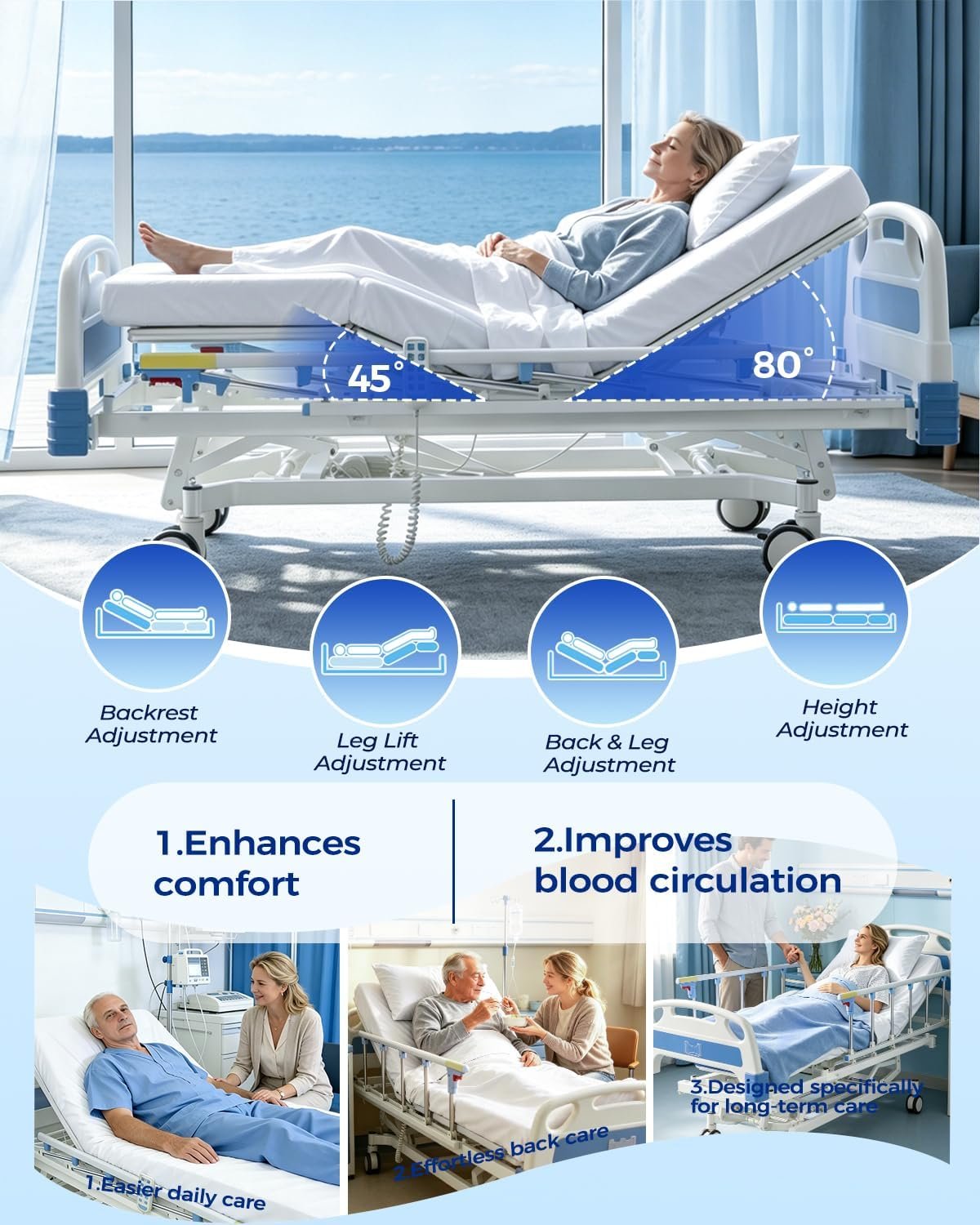 4 Function 600LBS Full Electric Hospital Bed, Beds for Home Use, Special Needs Medical Bed for Seniors with Mattress, Adjustable Hospital, Frame IV Pole, Medical Equipment Beds